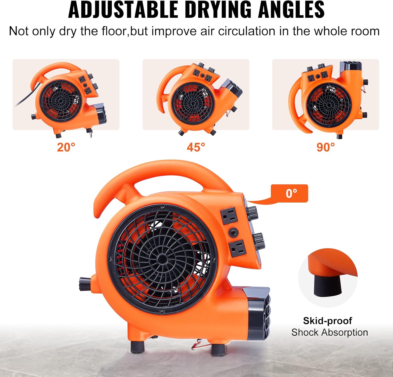 VEVOR Air Mover, 1/4 HP 1000 CFM Carpet Dryer for Cooling and Ventilating, Portable Floor Blower Fan with 4 Blowing Angles and Time Function, for Janitorial, Home, Commercial Use VEVOR Air Mover, 1/4 HP 1000 CFM Carpet Dryer for Cooling and Ventilating, Portable Floor Blower Fan with 4 Blowing Angles and Time Function, for Janitorial, Home, Commercial Use - Image 4