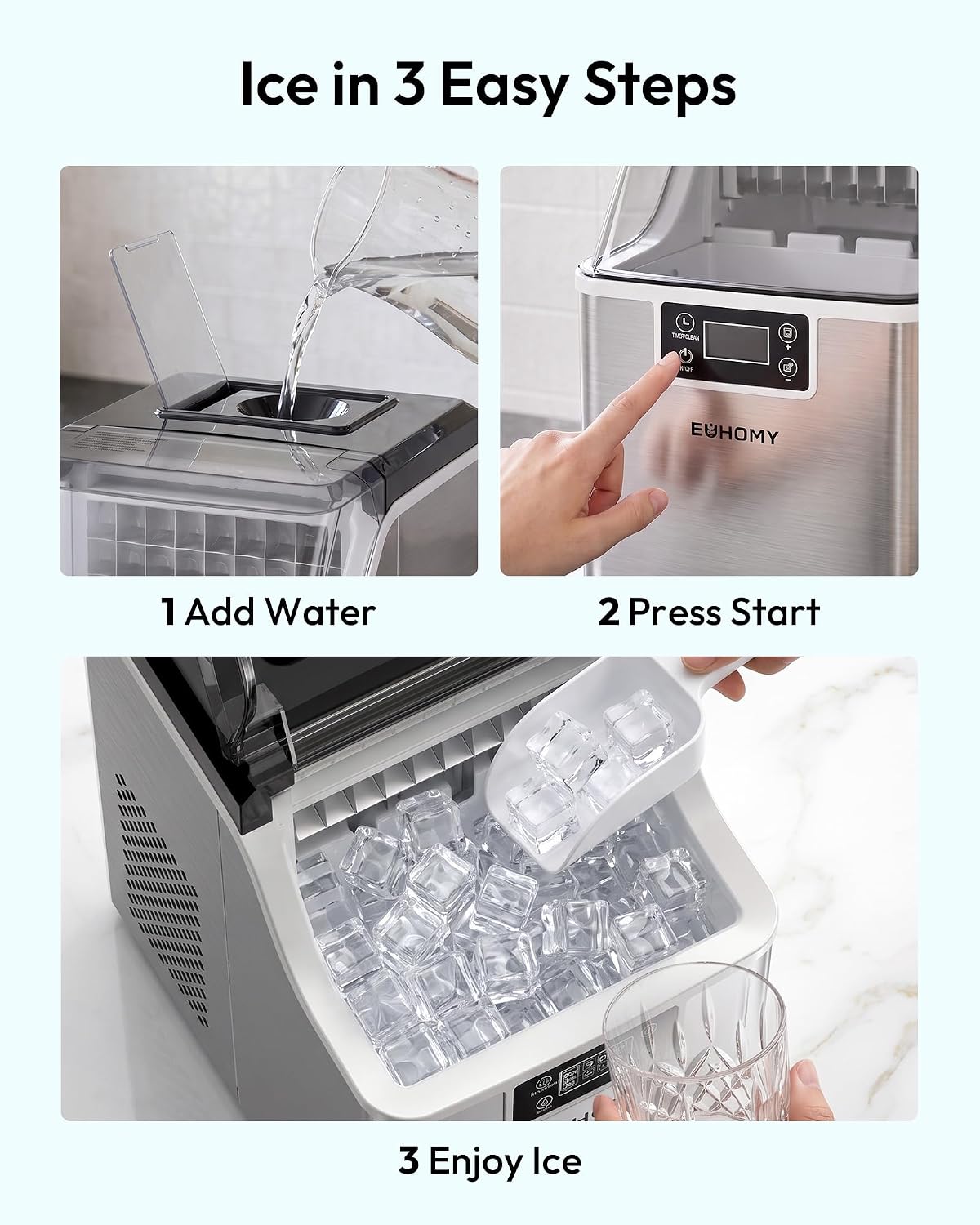 EUHOMY Ice Cube Maker Machine Countertop, 2 Ways to Add Water, 45Lbs/Day 24 Pcs Ready in 13 Mins, Auto-Cleaning Portable Compact, with Ice Scoop & Basket, Perfect for Home/Kitchen/Office/Bar (Silver) EUHOMY Ice Cube Maker Machine Countertop, 2 Ways to Add Water, 45Lbs/Day 24 Pcs Ready in 13 Mins, Auto-Cleaning Portable Compact, with Ice Scoop & Basket, Perfect for Home/Kitchen/Office/Bar (Silver) - Image 6