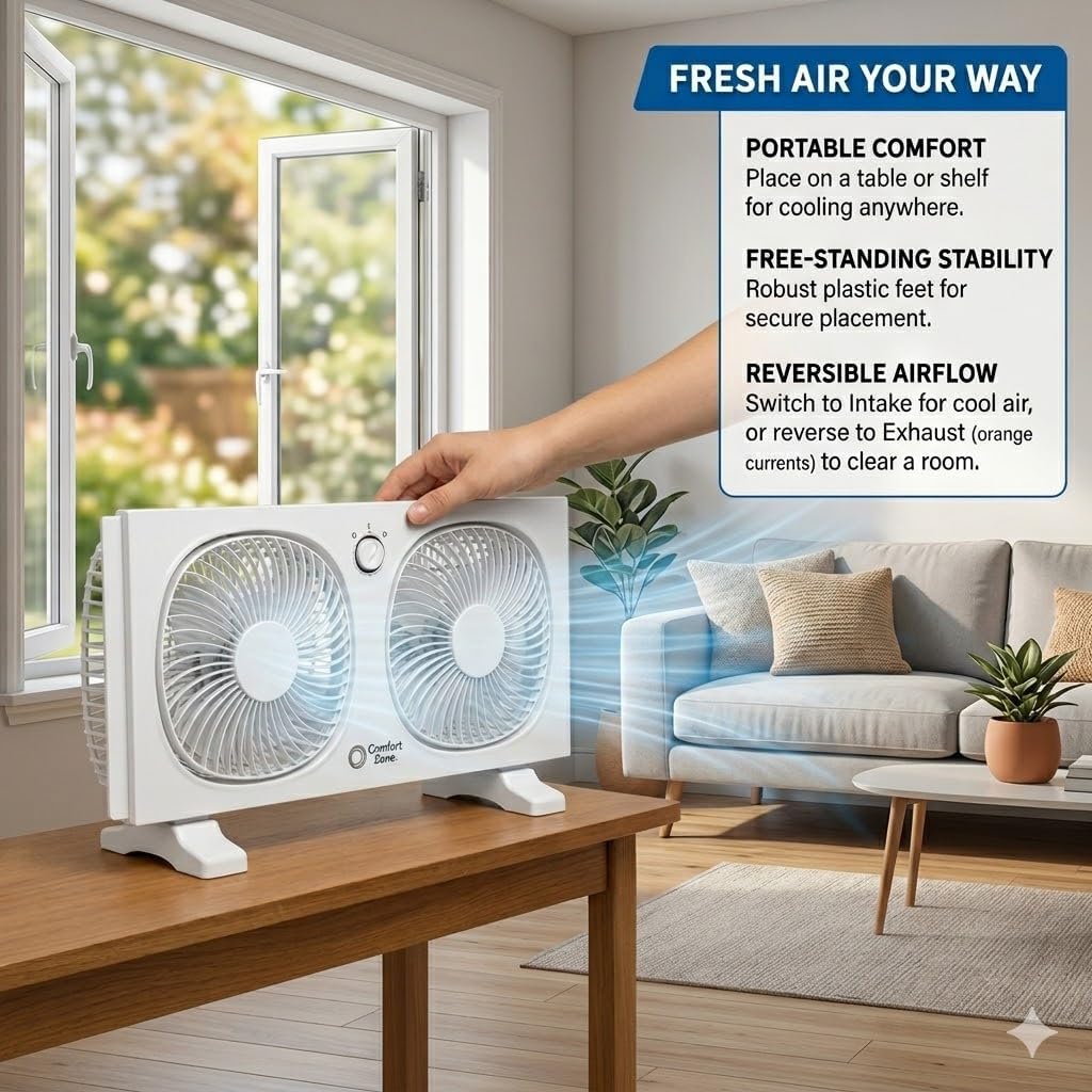 Comfort Zone 9-Inch Twin Window Fan with 2-Speed Independent 180° Rotating Fan Heads, Auto-Locking Expanders & Removable Bug Screen, for Fresh Air Intake or Warm Air Exhaust, Ideal for Home & Office Comfort Zone 9-Inch Twin Window Fan with 2-Speed Independent 180° Rotating Fan Heads, Auto-Locking Expanders & Removable Bug Screen, for Fresh Air Intake or Warm Air Exhaust, Ideal for Home & Office - Image 5