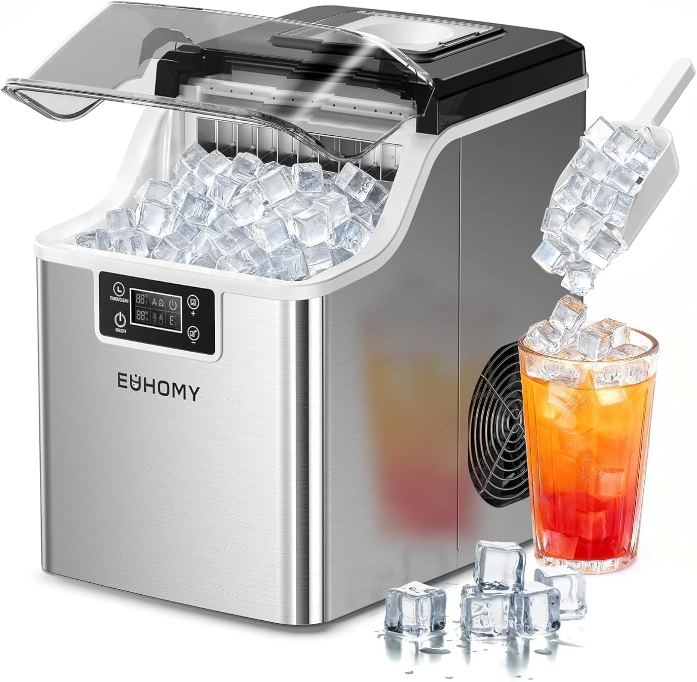 EUHOMY Ice Cube Maker Machine Countertop, 2 Ways to Add Water, 45Lbs/Day 24 Pcs Ready in 13 Mins, Auto-Cleaning Portable Compact, with Ice Scoop & Basket, Perfect for Home/Kitchen/Office/Bar (Silver) EUHOMY Ice Cube Maker Machine Countertop, 2 Ways to Add Water, 45Lbs/Day 24 Pcs Ready in 13 Mins, Auto-Cleaning Portable Compact, with Ice Scoop & Basket, Perfect for Home/Kitchen/Office/Bar (Silver)