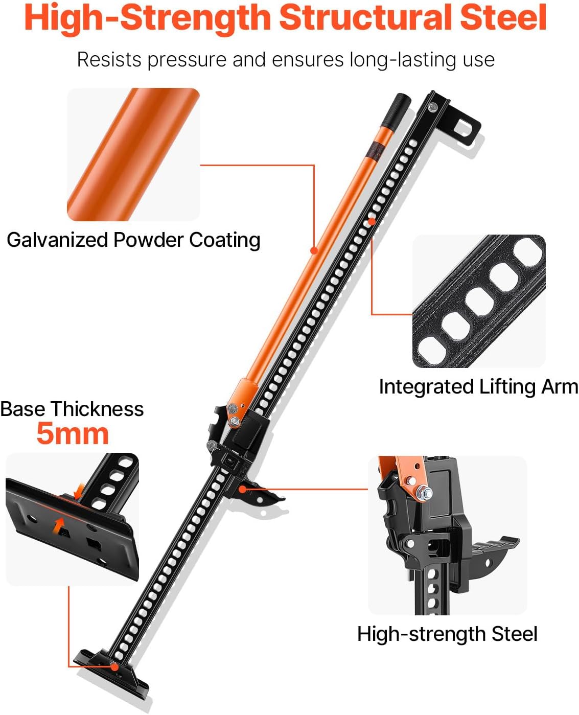 VEVOR Farm Jack 60inch, 7000 lbs Capacity Ratcheting Off Road Jeep Jack for Tractor, Truck, SUV, Bumper Lift, Orange VEVOR Farm Jack 60inch, 7000 lbs Capacity Ratcheting Off Road Jeep Jack for Tractor, Truck, SUV, Bumper Lift, Orange - Image 4