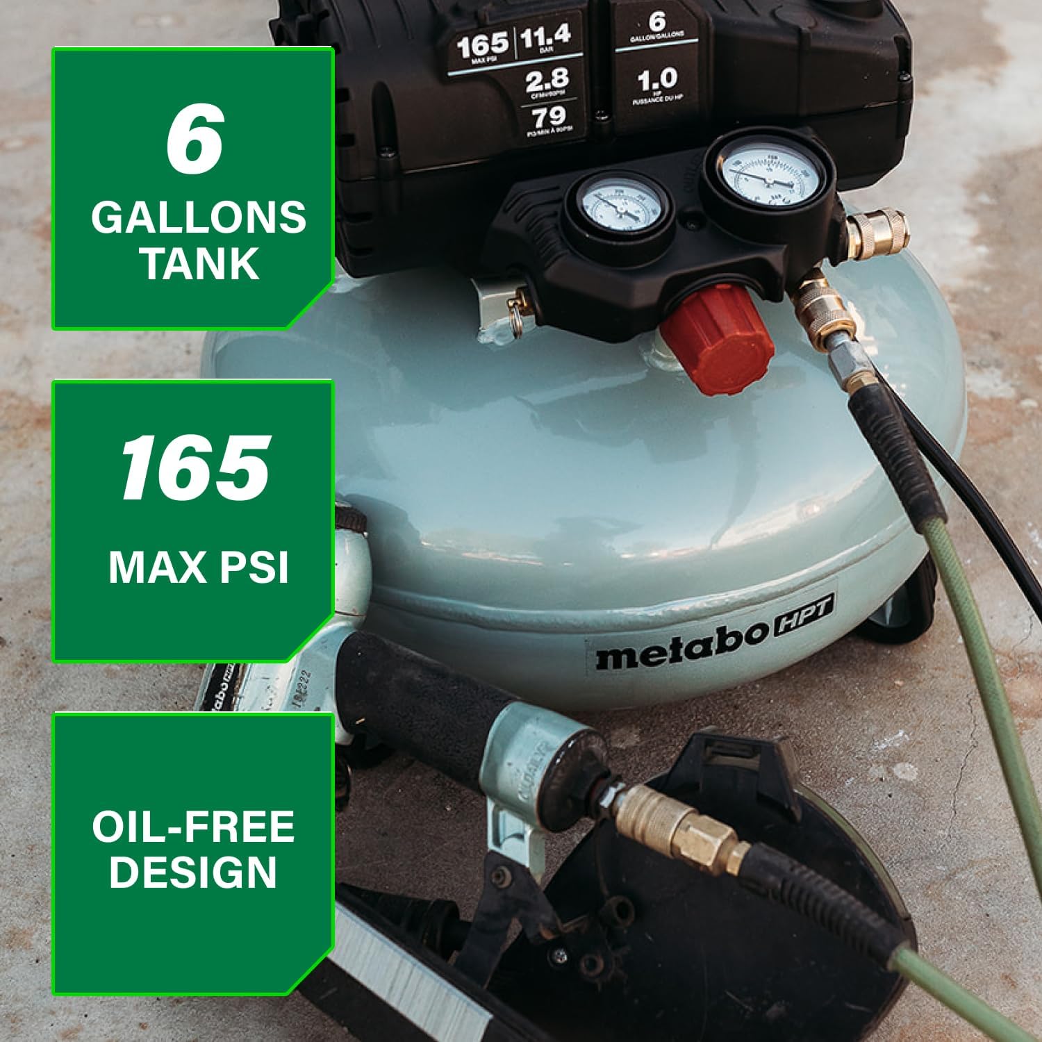 Metabo HPT Pancake Air Compressor, 6-Gallon 165PSI, Portable Air Compressor with 1.0 HP Oil-Free High Efficiency Motor, Lihghtweight, Quick Couplers for Fast Tool Changes, EC711S Metabo HPT Pancake Air Compressor, 6-Gallon 165PSI, Portable Air Compressor with 1.0 HP Oil-Free High Efficiency Motor, Lihghtweight, Quick Couplers for Fast Tool Changes, EC711S - Image 2