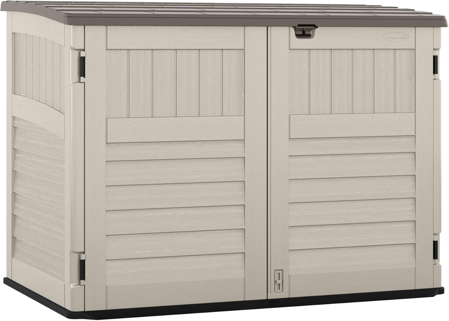 Suncast 5.9 ft. x 3.7 ft Horizontal Stow-Away Storage Shed - Natural Wood-Like Outdoor Storage for Trash Cans and Yard Tools - All-Weather Resin, Hinged Lid, Reinforced Floor - Made in the USA Suncast 5.9 ft. x 3.7 ft Horizontal Stow-Away Storage Shed - Natural Wood-Like Outdoor Storage for Trash Cans and Yard Tools - All-Weather Resin, Hinged Lid, Reinforced Floor - Made in the USA