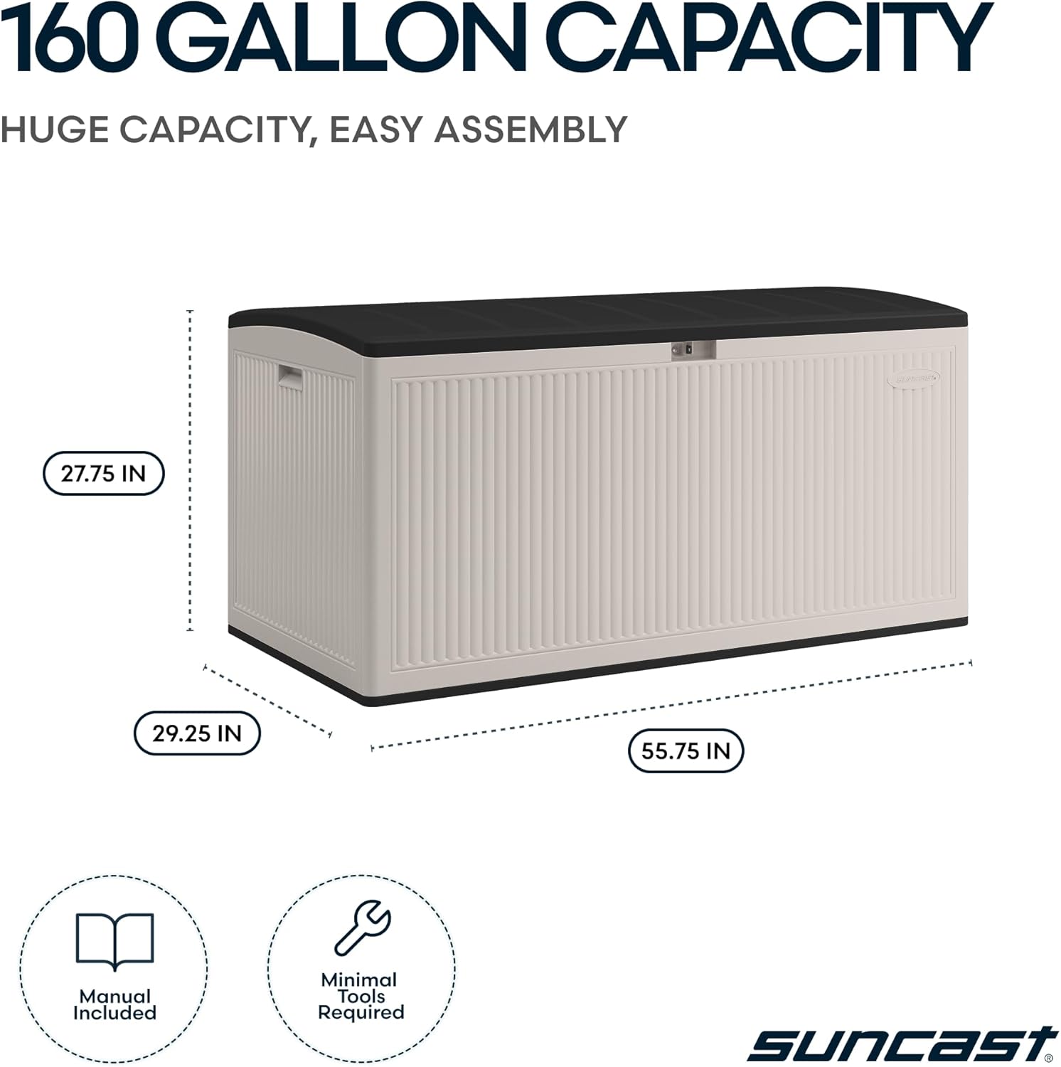 Suncast 160-Gal. Resin Extra-Large Outdoor Patio Deck Box with Pad-Lockable Lid, Modern Reeded Outdoor Patio Bench/Storage Box for Cushions, Garden Tools, and More, Iron Ore/French Gray Suncast 160-Gal. Resin Extra-Large Outdoor Patio Deck Box with Pad-Lockable Lid, Modern Reeded Outdoor Patio Bench/Storage Box for Cushions, Garden Tools, and More, Iron Ore/French Gray - Image 3