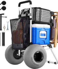VEVOR Beach Dolly with Big Wheels for Sand, 20" x 15" Cargo Deck, Folding Sand Cart with 12" Balloon Wheels, 165 lbs Loading Capacity & 34" to 46" Adjustable Height, Heavy Duty Cart for Beach Camping