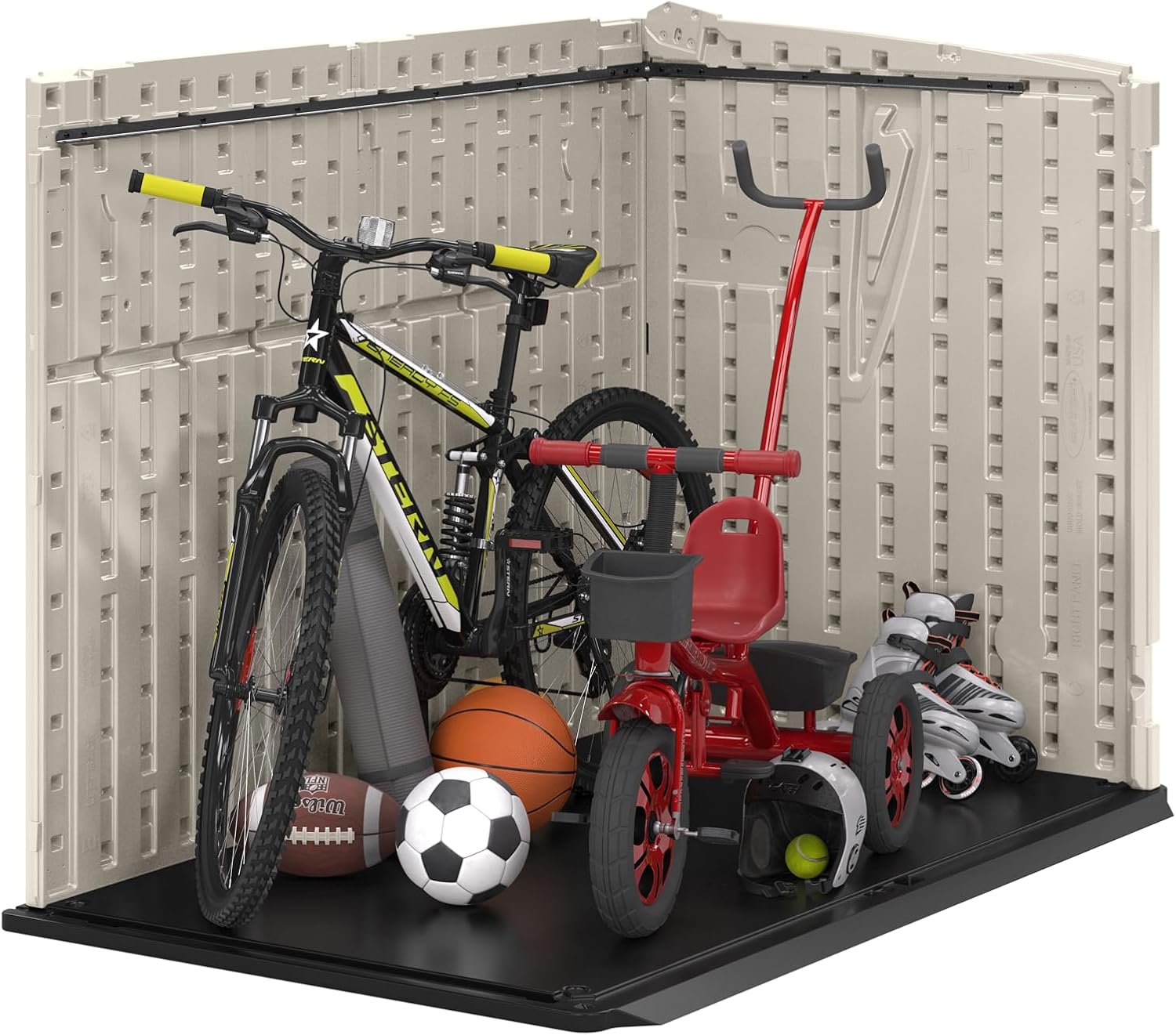 Suncast 5.9 ft. x 3.7 ft Horizontal Stow-Away Storage Shed - Natural Wood-Like Outdoor Storage for Trash Cans and Yard Tools - All-Weather Resin, Hinged Lid, Reinforced Floor - Made in the USA Suncast 5.9 ft. x 3.7 ft Horizontal Stow-Away Storage Shed - Natural Wood-Like Outdoor Storage for Trash Cans and Yard Tools - All-Weather Resin, Hinged Lid, Reinforced Floor - Made in the USA - Image 6