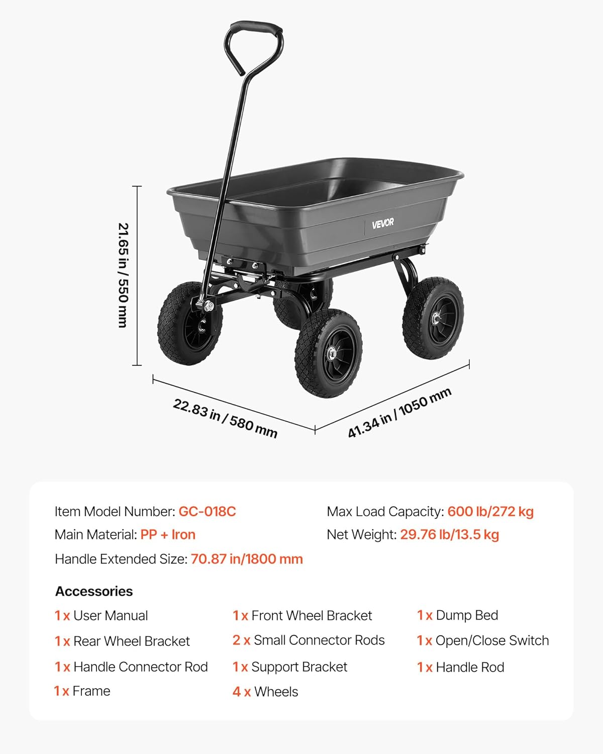 VEVOR 4 Cu.Ft 600LBS Poly Garden Cart Dump Wagon, 4 Wheel Heavy Duty Wheelbarrow with 10" Flat Free Tires, Yard Cart Dump Wagon with Quick-Release System VEVOR 4 Cu.Ft 600LBS Poly Garden Cart Dump Wagon, 4 Wheel Heavy Duty Wheelbarrow with 10" Flat Free Tires, Yard Cart Dump Wagon with Quick-Release System - Image 7