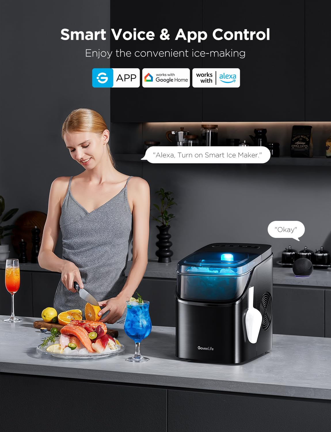 GoveeLife Smart Ice Maker Countertop, Portable Ice Machine with Voice Control, 9 Ice Cubes in 6 Minutes 3 Sizes, 26lbs/24Hrs, Self Cleaning RGB Lights, Quiet Ice Maker with Scoop for Kitchen Black | 9 Ice Cubes in 6 Mins 3 Sizes, Self Cleaning, RGB Lights, Portable Ice Machine with Scoop for Kitchen, Party GoveeLife Smart Ice Maker Countertop, Portable Ice Machine with Voice Control, 9 Ice Cubes in 6 Minutes 3 Sizes, 26lbs/24Hrs, Self Cleaning RGB Lights, Quiet Ice Maker with Scoop for Kitchen Black | 9 Ice Cubes in 6 Mins 3 Sizes, Self Cleaning, RGB Lights, Portable Ice Machine with Scoop for Kitchen, Party - Image 2