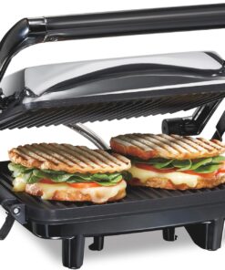 Hamilton Beach Panini Press, Sandwich Maker & Electric Indoor Grill | Floating Hinge Evenly Cooks Any Sandwich | Locking Lid | PFAS-Free Non-Stick 8" x 10" Grids | Chrome