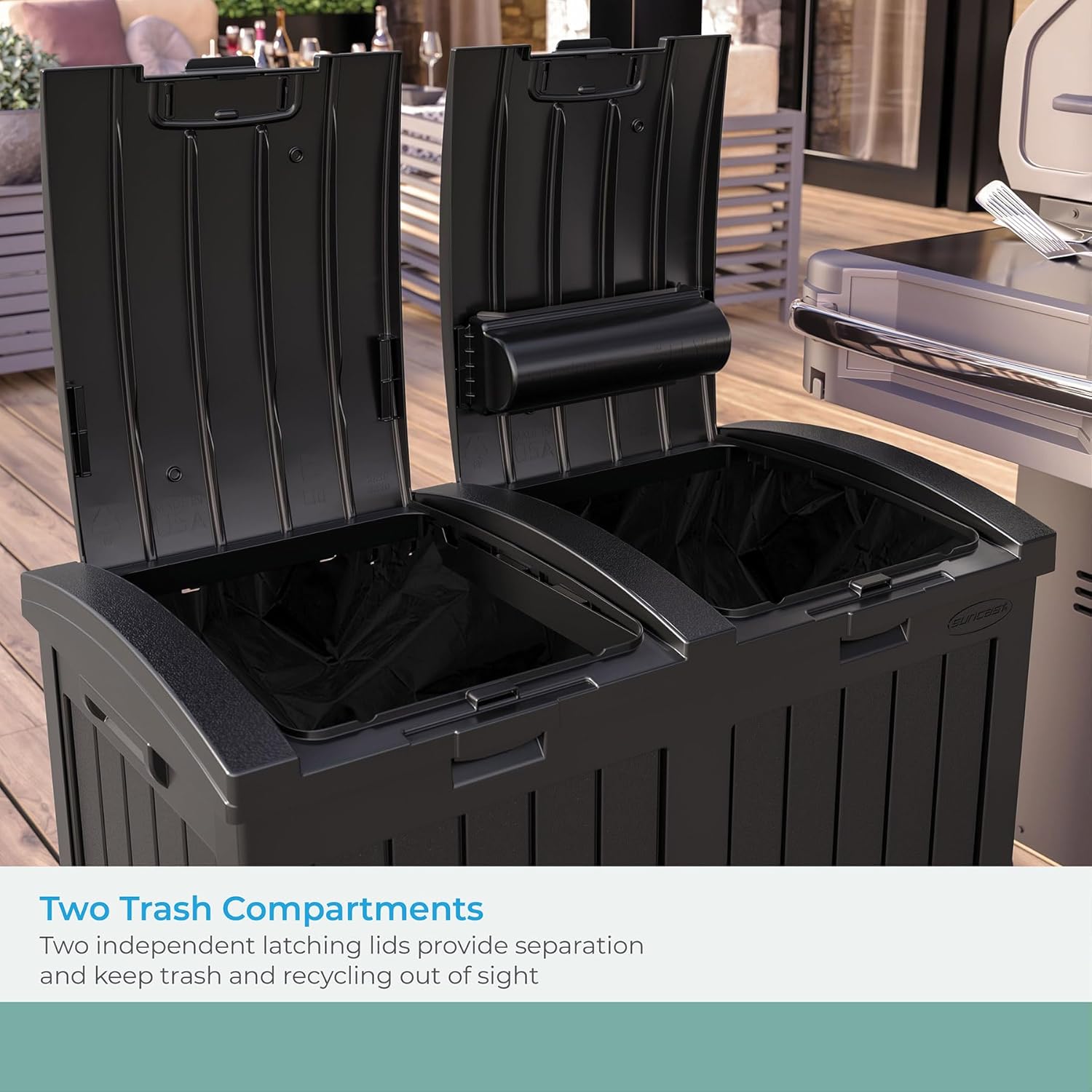 Suncast Dual Trash Hideaway Cabinet for Garbage and Recycle Bags, Discrete Outdoor Trash Cabinet with Concealed Trash Bag Holders, Holds Two 33-Gal. Bags, Made in the USA Suncast Dual Trash Hideaway Cabinet for Garbage and Recycle Bags, Discrete Outdoor Trash Cabinet with Concealed Trash Bag Holders, Holds Two 33-Gal. Bags, Made in the USA - Image 3