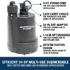 Superior Pump 91250 1800GPH Thermoplastic Submersible Utility Pump with 10-Foot Cord, 1/4 HP