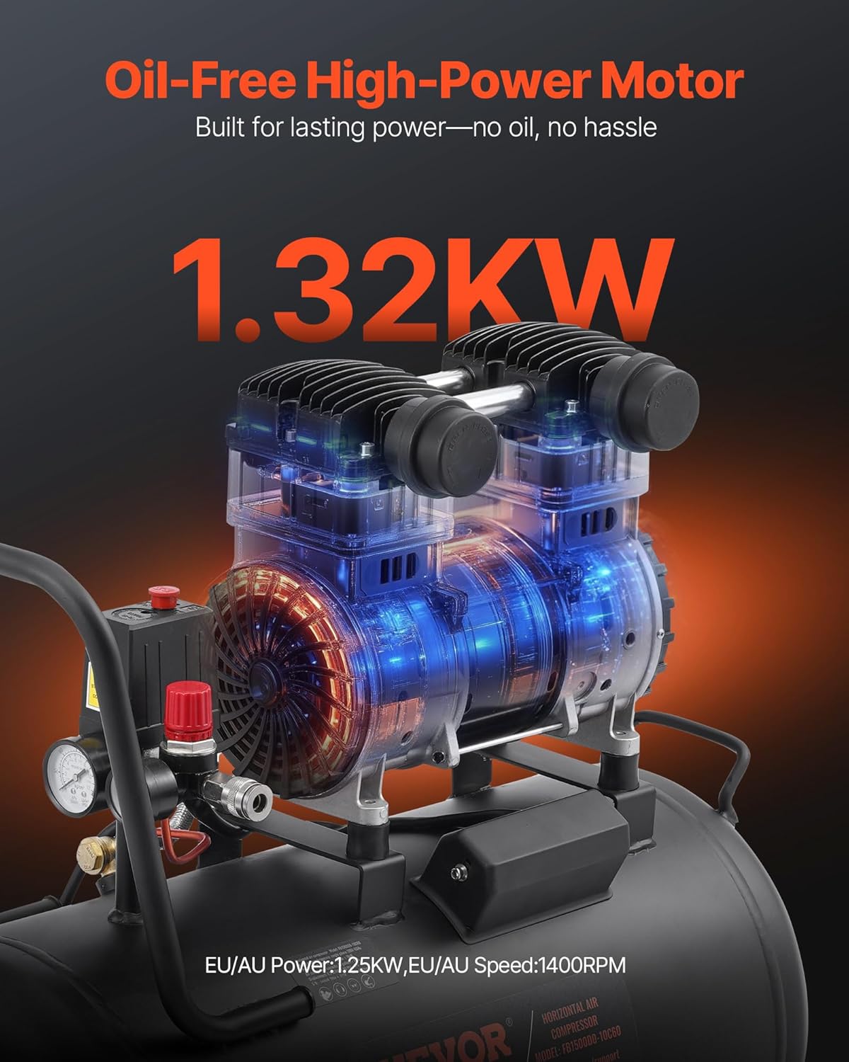 VEVOR Air Compressor, 15 Gallon Steel Tank, 2HP 5.3 CFM@90 PSI Oil Free Air Compressor & Max. 125PSI Pressure, 78dB Ultra Quiet Portable Compressor, for Auto Repair, Tire Inflation, Spray Painting VEVOR Air Compressor, 15 Gallon Steel Tank, 2HP 5.3 CFM@90 PSI Oil Free Air Compressor & Max. 125PSI Pressure, 78dB Ultra Quiet Portable Compressor, for Auto Repair, Tire Inflation, Spray Painting - Image 2