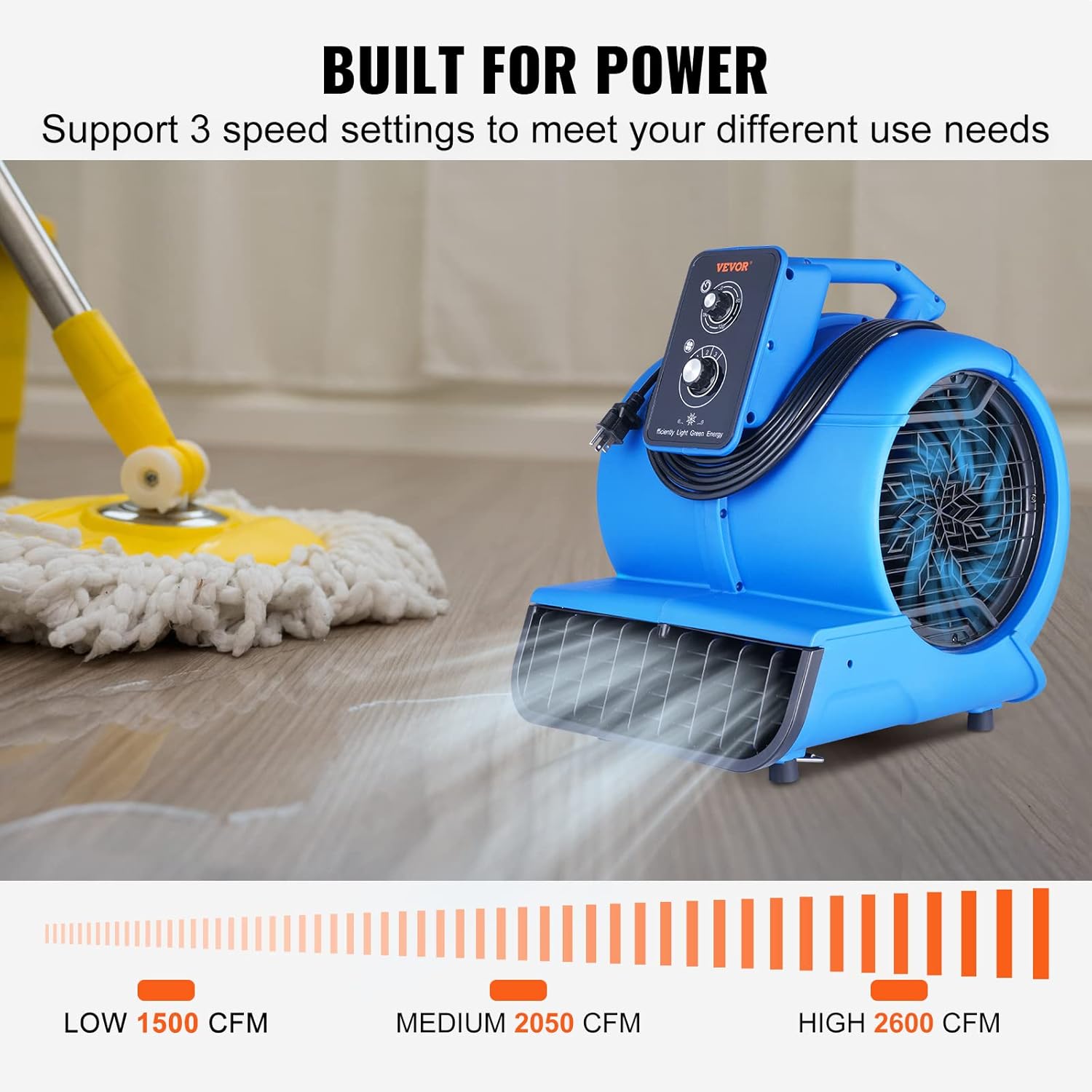 VEVOR Air Mover, 1/2 HP 2600 CFM Carpet Dryer for Cooling and Ventilating, Portable Floor Blower Fan with 4 Blowing Angles and Time Function, for Janitorial, Home, Commercial Use VEVOR Air Mover, 1/2 HP 2600 CFM Carpet Dryer for Cooling and Ventilating, Portable Floor Blower Fan with 4 Blowing Angles and Time Function, for Janitorial, Home, Commercial Use - Image 3