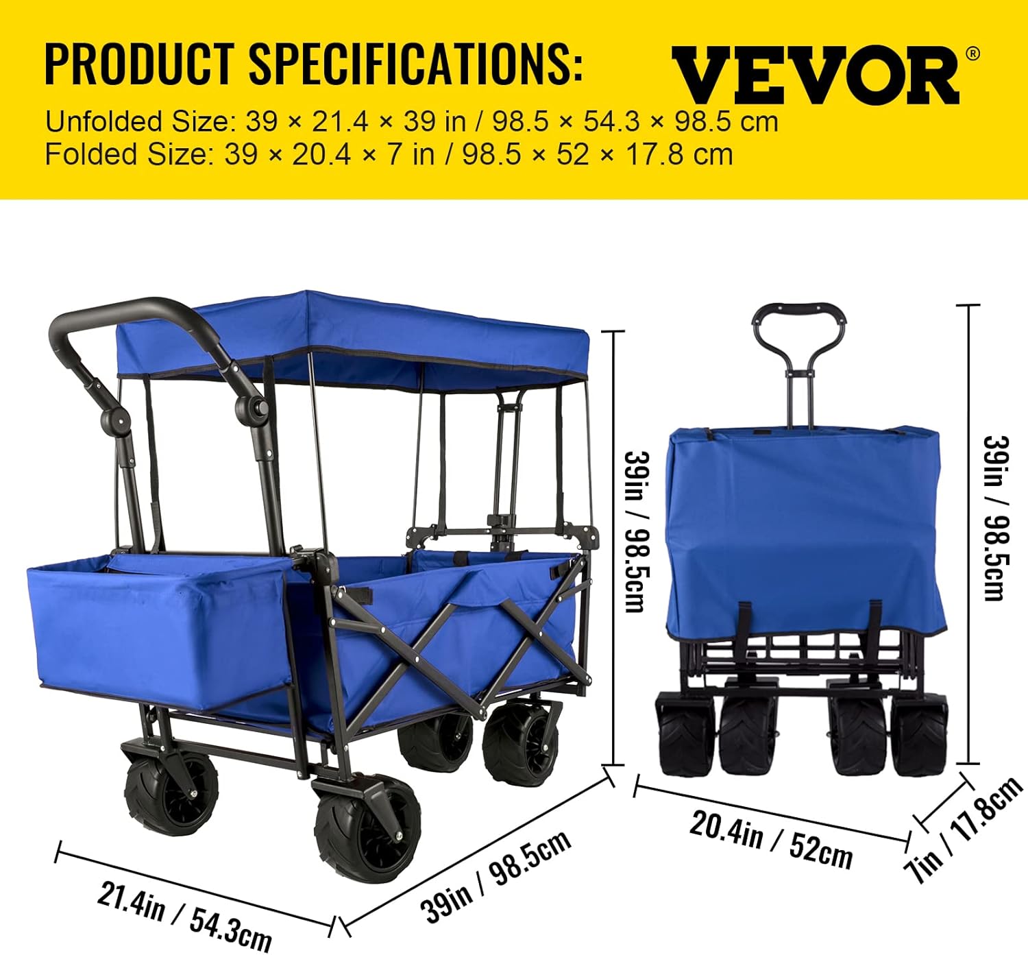 VEVOR Collapsible Wagon with Canopy, 220lbs Foldable Wagon, Beach Wagon Cart with Big Wheels and Canopy with Adjustable Push Pulling Handles VEVOR Collapsible Wagon with Canopy, 220lbs Foldable Wagon, Beach Wagon Cart with Big Wheels and Canopy with Adjustable Push Pulling Handles - Image 6