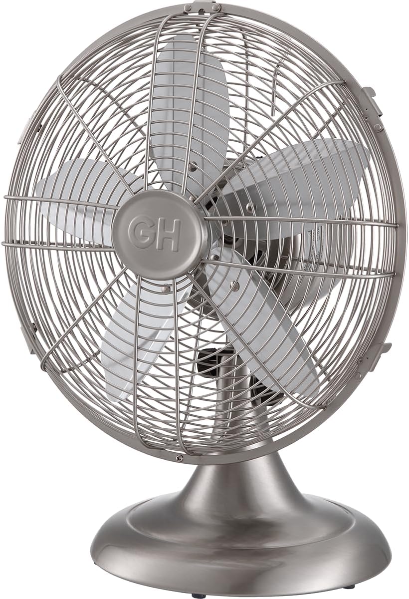 Good Housekeeping 92605 All-Metal 12" Retro Desk Office Table Fan with Wide Oscillation, 3-Speed Settings & Carrying Handle, Brushed Nickel Good Housekeeping 92605 All-Metal 12" Retro Desk Office Table Fan with Wide Oscillation, 3-Speed Settings & Carrying Handle, Brushed Nickel