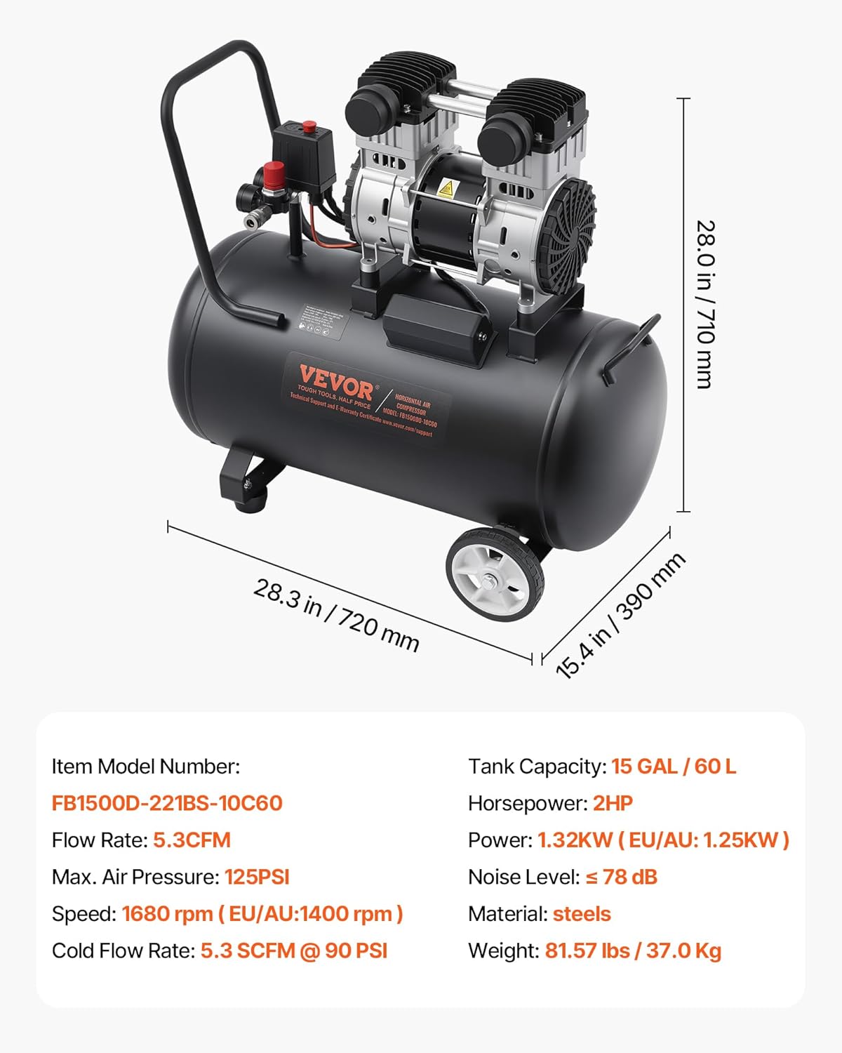 VEVOR Air Compressor, 15 Gallon Steel Tank, 2HP 5.3 CFM@90 PSI Oil Free Air Compressor & Max. 125PSI Pressure, 78dB Ultra Quiet Portable Compressor, for Auto Repair, Tire Inflation, Spray Painting VEVOR Air Compressor, 15 Gallon Steel Tank, 2HP 5.3 CFM@90 PSI Oil Free Air Compressor & Max. 125PSI Pressure, 78dB Ultra Quiet Portable Compressor, for Auto Repair, Tire Inflation, Spray Painting - Image 7