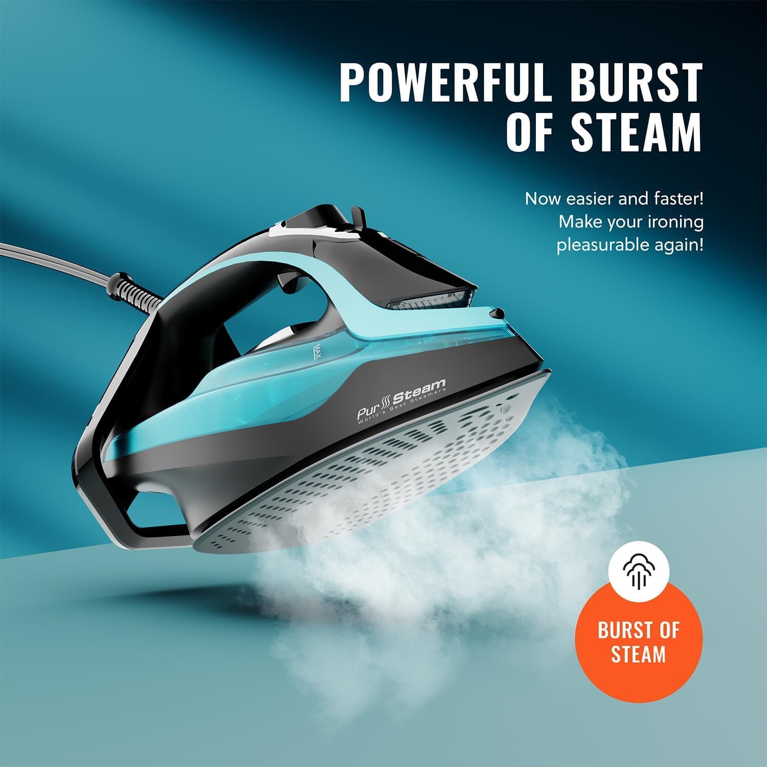 PurSteam SteamTech Elite 1750W Steam Iron, Digital Temp Control & LED Display, Ceramic Soleplate, Adjustable Steam, Self-Clean, Anti-Calc, Anti-Drip, Auto Shut-Off PurSteam SteamTech Elite 1750W Steam Iron, Digital Temp Control & LED Display, Ceramic Soleplate, Adjustable Steam, Self-Clean, Anti-Calc, Anti-Drip, Auto Shut-Off - Image 4