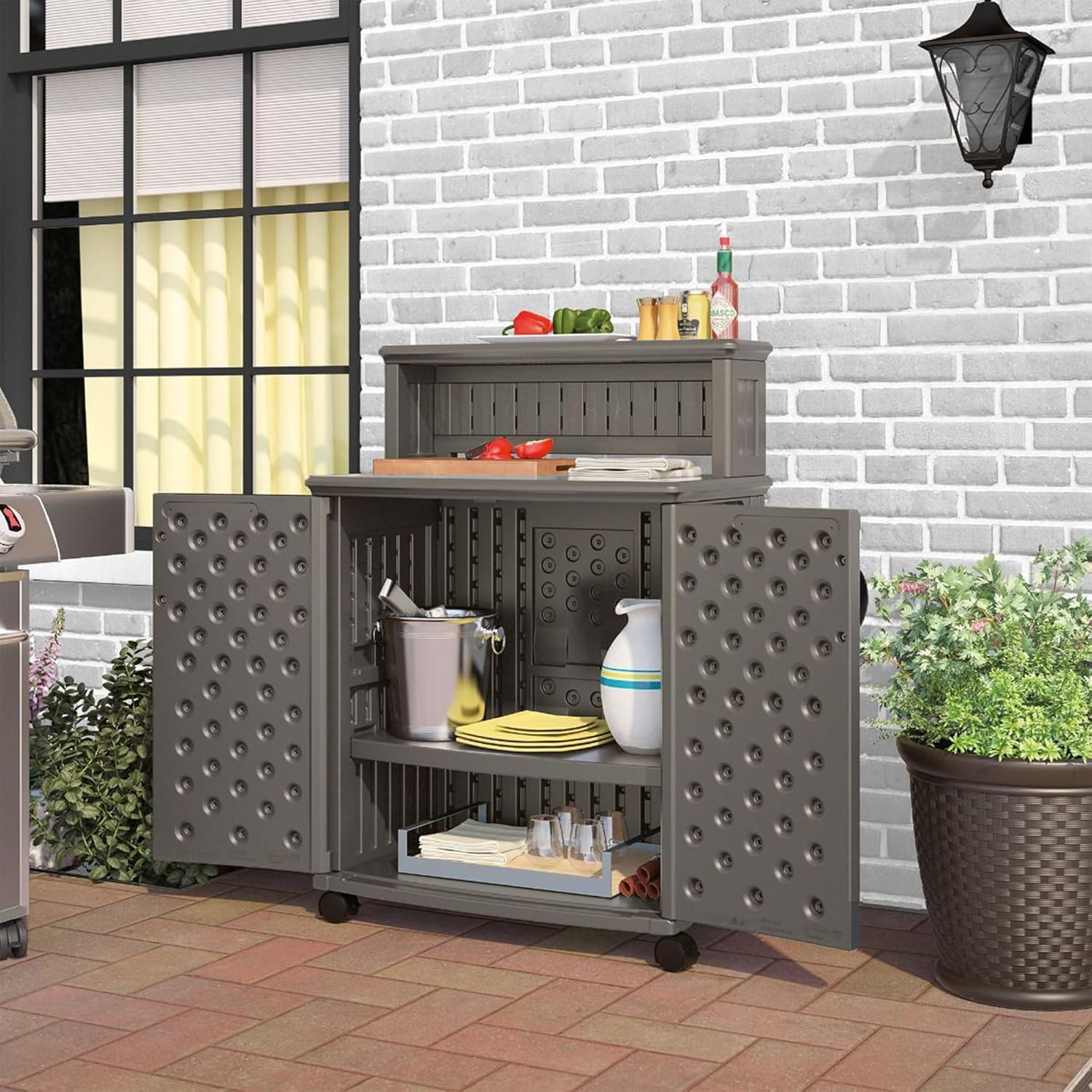 Suncast Patio Plastic Storage and Prep Station with Decorative Wicker Pattern and Multi Wall Panels for Patio, Garden, and Lawn Use, Stoney Gray Suncast Patio Plastic Storage and Prep Station with Decorative Wicker Pattern and Multi Wall Panels for Patio, Garden, and Lawn Use, Stoney Gray - Image 5