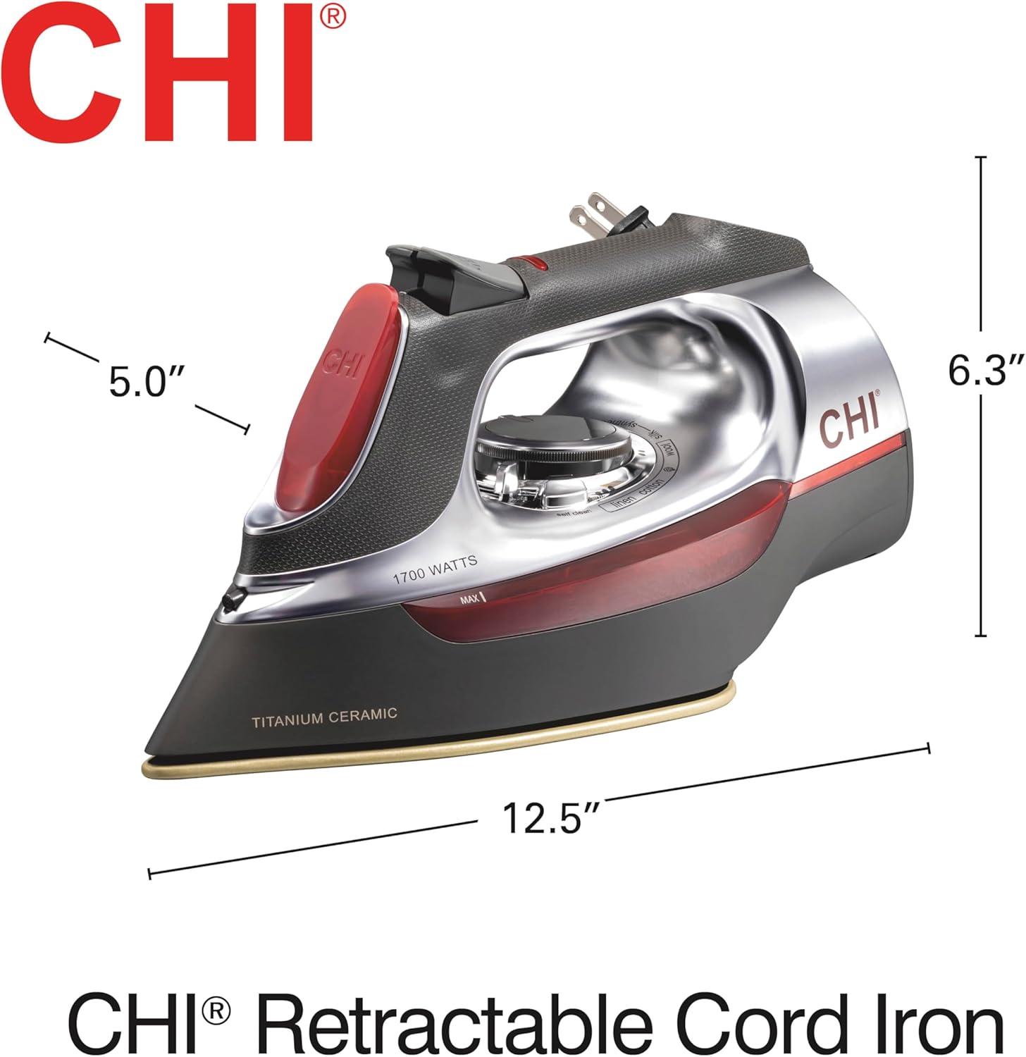 CHI Steam Iron for Clothes with Vertical Steam Burst, Professional Grade, Titanium Ceramic Soleplate, 400+ Steam Holes, 1700 Watts, 3-Way Auto Shutoff, 8' Cord CHI Steam Iron for Clothes with Vertical Steam Burst, Professional Grade, Titanium Ceramic Soleplate, 400+ Steam Holes, 1700 Watts, 3-Way Auto Shutoff, 8' Cord - Image 8