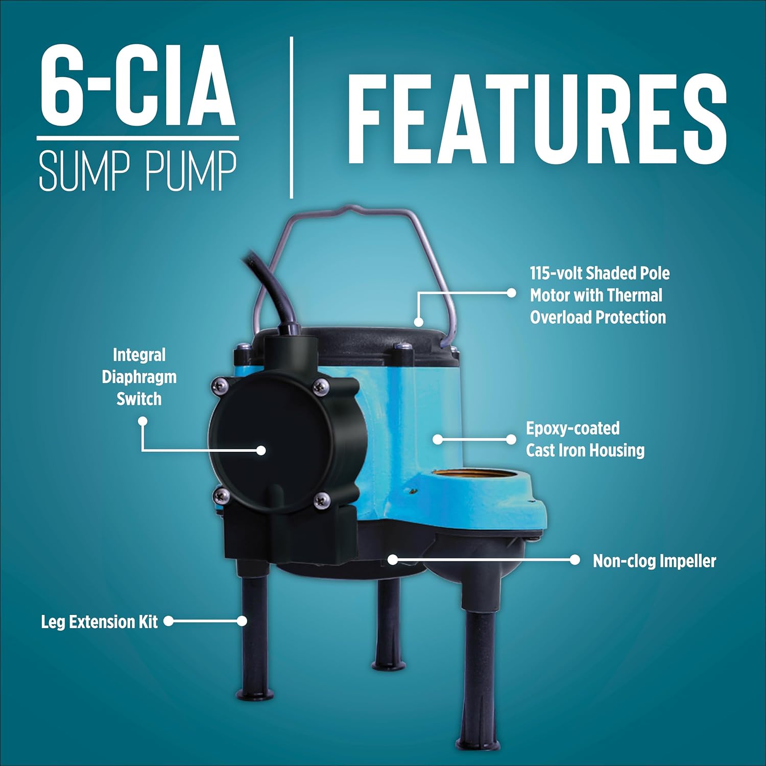 Little Giant 6-CIA 115 Volt, 1/3 HP 2760 GPH Cast Iron Submersible Sump Pump with Extended Leg Kit and Integral Diaphragm Switch, 10-Ft. Cord, Blue, 506162 Little Giant 6-CIA 115 Volt, 1/3 HP 2760 GPH Cast Iron Submersible Sump Pump with Extended Leg Kit and Integral Diaphragm Switch, 10-Ft. Cord, Blue, 506162 - Image 5