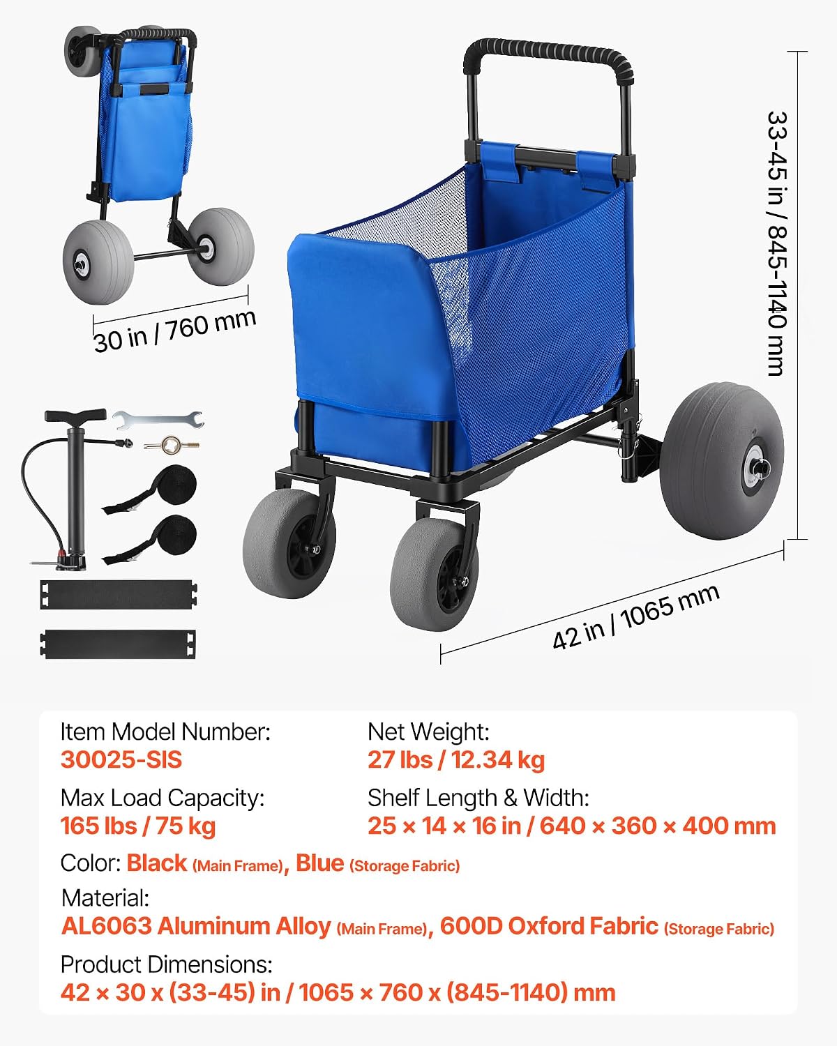 VEVOR Beach Cart, 165LBS Load Capacity, Portable Folding Beach Wagon Dolly with 12" Balloon Wheels for Sand, Storage Bag & 4-Level Adjustable Height for Outdoor Camping Fishing VEVOR Beach Cart, 165LBS Load Capacity, Portable Folding Beach Wagon Dolly with 12" Balloon Wheels for Sand, Storage Bag & 4-Level Adjustable Height for Outdoor Camping Fishing - Image 7