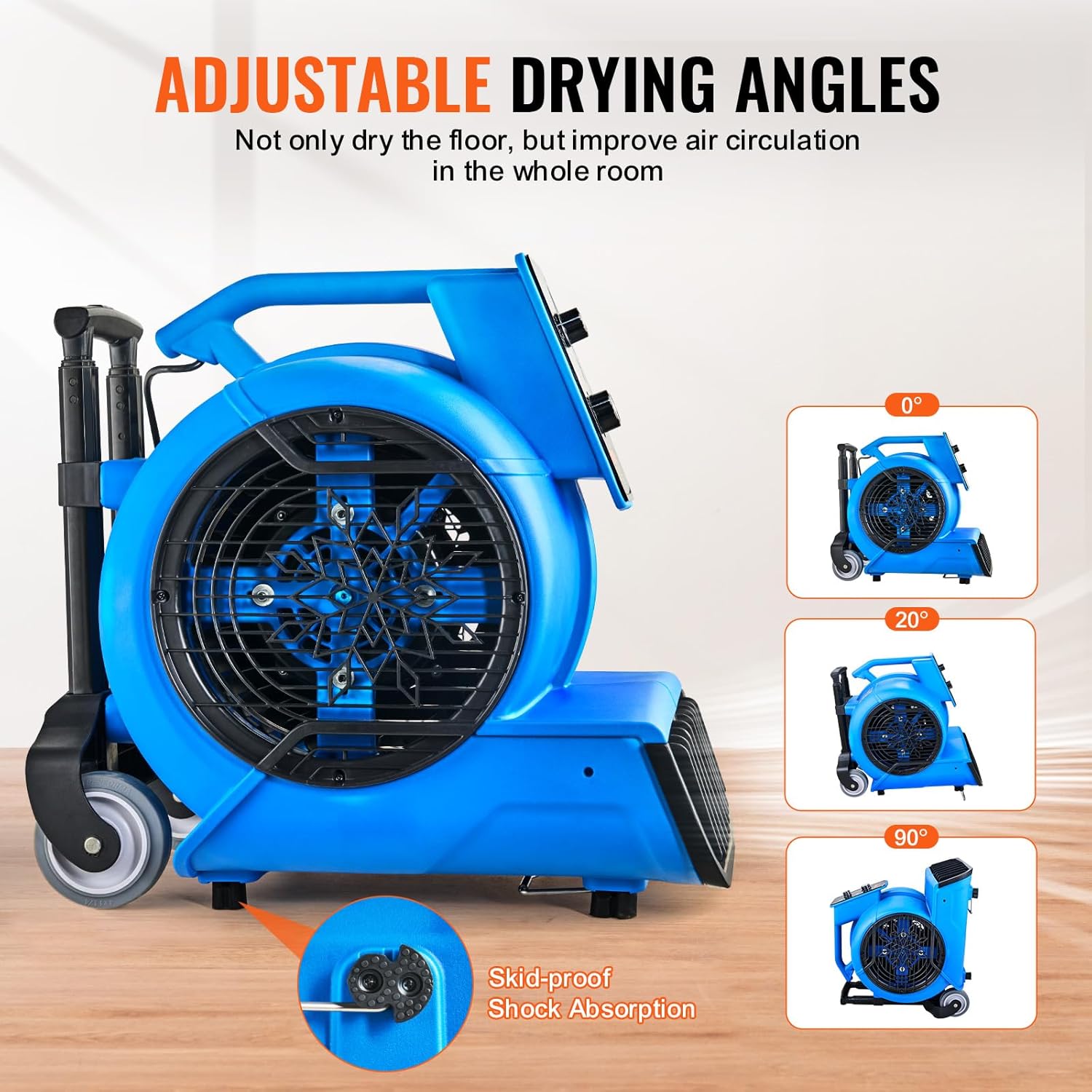 VEVOR Air Mover, 1 HP 4000 CFM Carpet Dryer for Cooling and Ventilating, Portable Floor Blower Fan with 3 Blowing Angles and Time Function, for Janitorial, Home, Commercial Use VEVOR Air Mover, 1 HP 4000 CFM Carpet Dryer for Cooling and Ventilating, Portable Floor Blower Fan with 3 Blowing Angles and Time Function, for Janitorial, Home, Commercial Use - Image 4