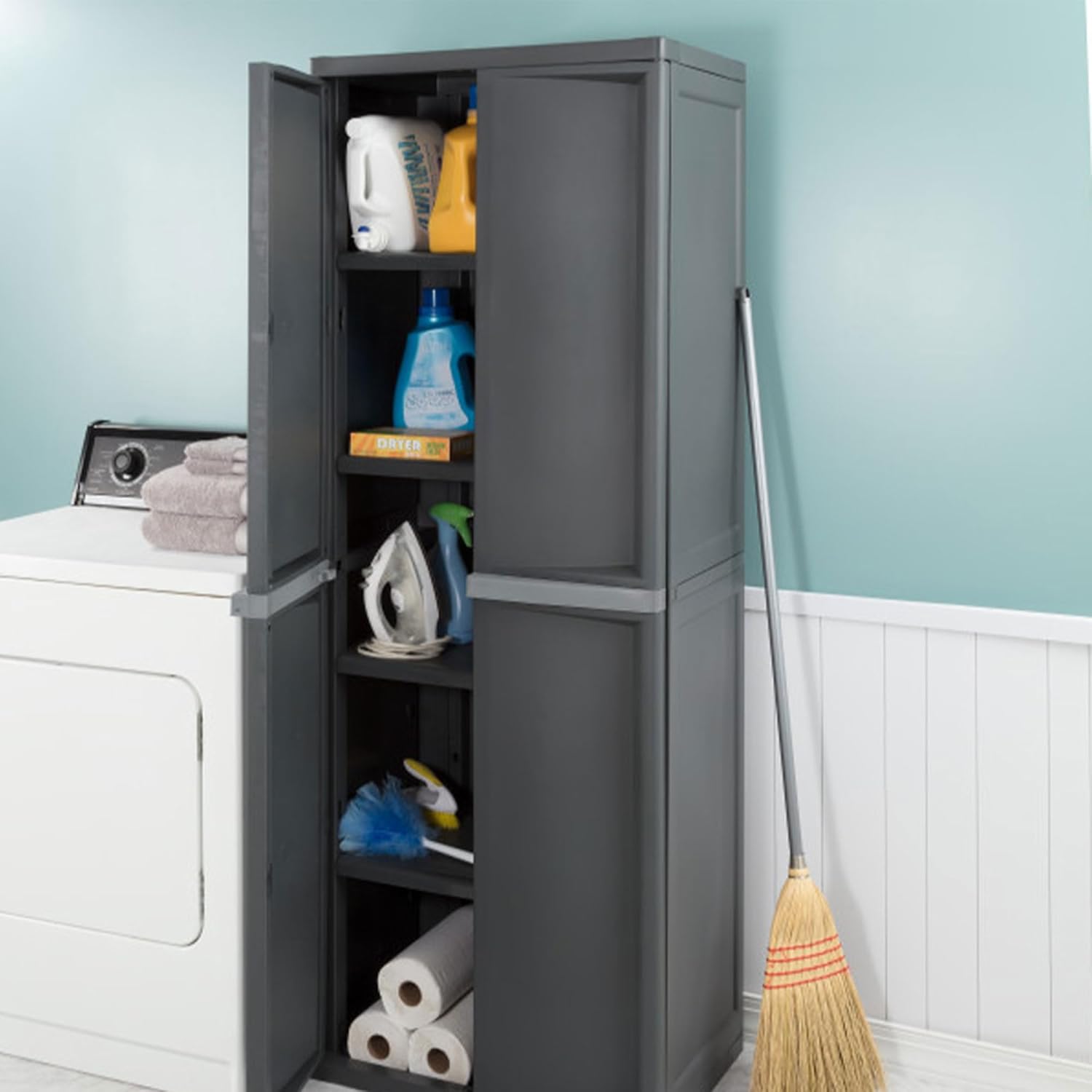 Sterilite 2-Pack 4 Shelf Cabinet, Lockable Utility Storage w/Adjustable Shelves, Gray - Plastic Shelving Unit for Organizing Garage, Pantry, Basement, Laundry Room or Mudroom Sterilite 2-Pack 4 Shelf Cabinet, Lockable Utility Storage w/Adjustable Shelves, Gray - Plastic Shelving Unit for Organizing Garage, Pantry, Basement, Laundry Room or Mudroom - Image 5