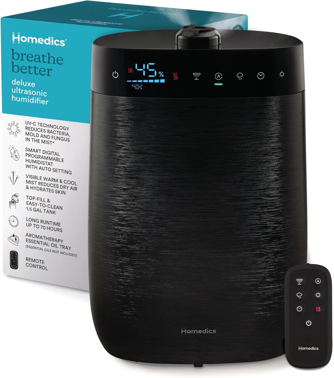 Homedics Deluxe Ultrasonic Humidifier for Large Rooms, Warm or Cool Mist | UV-C Technology, 1.5-Gallon Top Fill Tank, Smart Digital Programmable Humidistat, Home Dry Air Relief, Aromatherapy Homedics Deluxe Ultrasonic Humidifier for Large Rooms, Warm or Cool Mist | UV-C Technology, 1.5-Gallon Top Fill Tank, Smart Digital Programmable Humidistat, Home Dry Air Relief, Aromatherapy