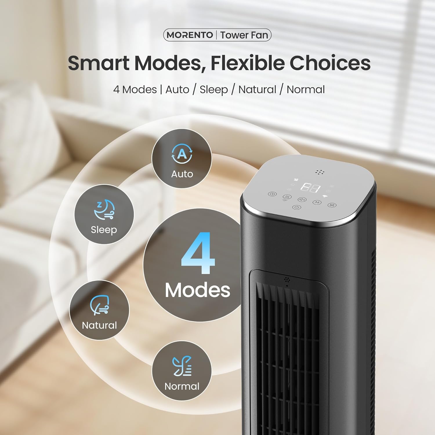 MORENTO Tower Fan for Bedroom, 36" Smart Standing Fan with WiFi APP Voice Control, 4 Modes 4 Speeds, 90° Oscillating, 12H Timer & 25dB Ultra Quiet Safe Bladeless Floor Fan with Remote, Black, 1 Pack MORENTO Tower Fan for Bedroom, 36" Smart Standing Fan with WiFi APP Voice Control, 4 Modes 4 Speeds, 90° Oscillating, 12H Timer & 25dB Ultra Quiet Safe Bladeless Floor Fan with Remote, Black, 1 Pack - Image 6