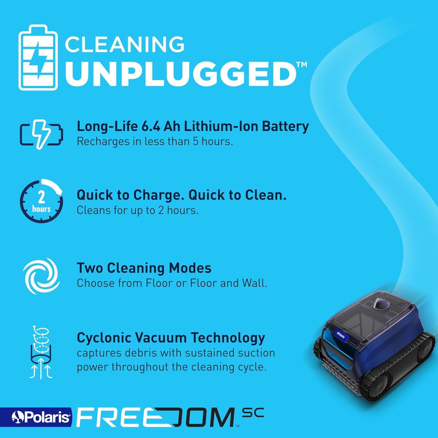 Polaris Freedom SC Cordless Robotic Pool Cleaner, WiFi Enabled, Fast Charging, Dual Modes, Cleans Floor & Walls in 2 Hrs, for In-Ground Pools up to 36ft, w/iAquaLink App & Easy Lift Removal Polaris Freedom SC Cordless Robotic Pool Cleaner, WiFi Enabled, Fast Charging, Dual Modes, Cleans Floor & Walls in 2 Hrs, for In-Ground Pools up to 36ft, w/iAquaLink App & Easy Lift Removal - Image 3