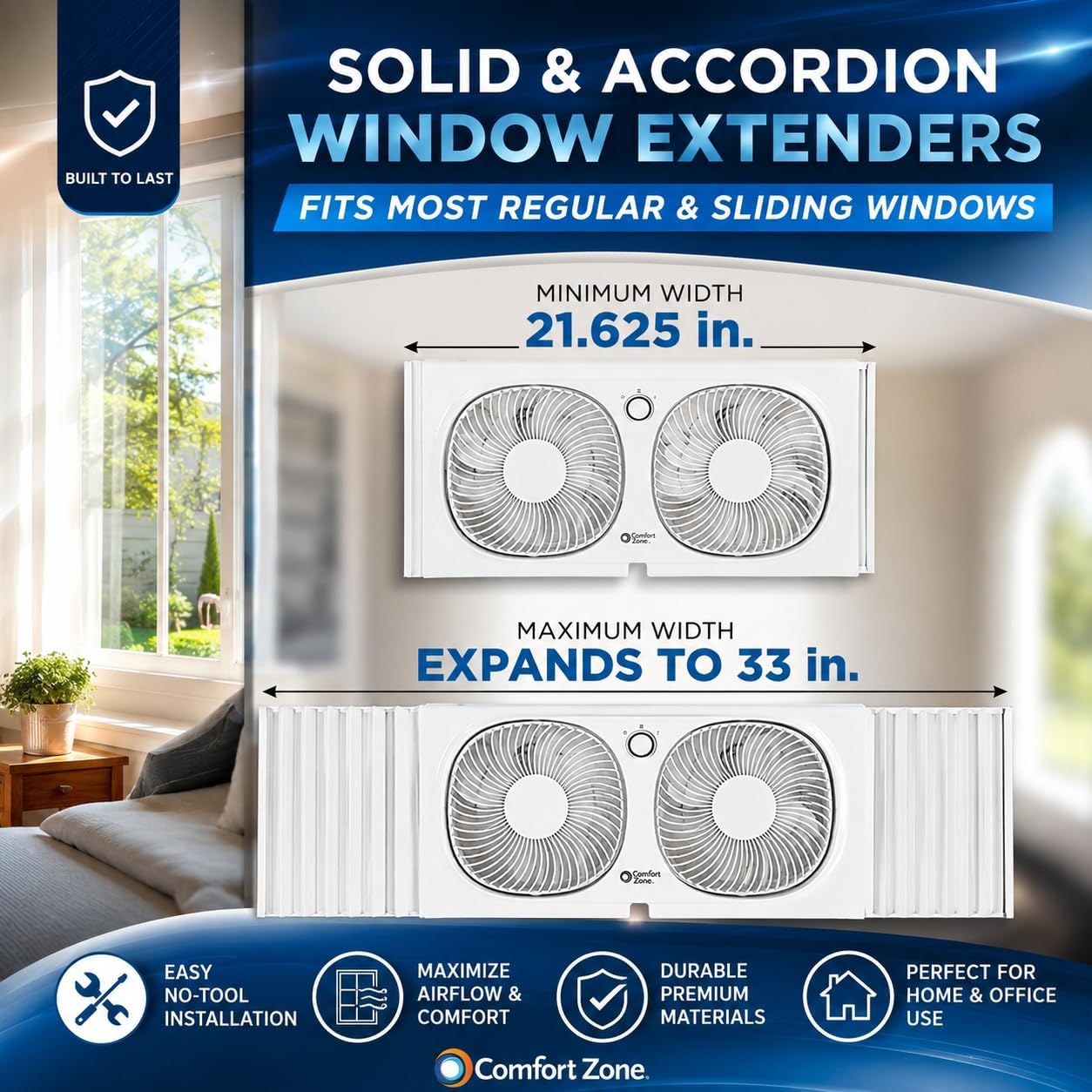 Comfort Zone 9-Inch Twin Window Fan with 2-Speed Independent 180° Rotating Fan Heads, Auto-Locking Expanders & Removable Bug Screen, for Fresh Air Intake or Warm Air Exhaust, Ideal for Home & Office Comfort Zone 9-Inch Twin Window Fan with 2-Speed Independent 180° Rotating Fan Heads, Auto-Locking Expanders & Removable Bug Screen, for Fresh Air Intake or Warm Air Exhaust, Ideal for Home & Office - Image 4