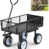VEVOR 500 LBS Steel Garden Cart with Work Seat, Heavy Duty Garden Wagon Cart on Wheels, Outdoor Metal Utility Yard Wagon Gardening Stool with 10inch Flat Free Tires, Tool Tray & Adjustable Handle