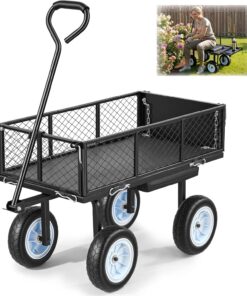 VEVOR 500 LBS Steel Garden Cart with Work Seat, Heavy Duty Garden Wagon Cart on Wheels, Outdoor Metal Utility Yard Wagon Gardening Stool with 10inch Flat Free Tires, Tool Tray & Adjustable Handle