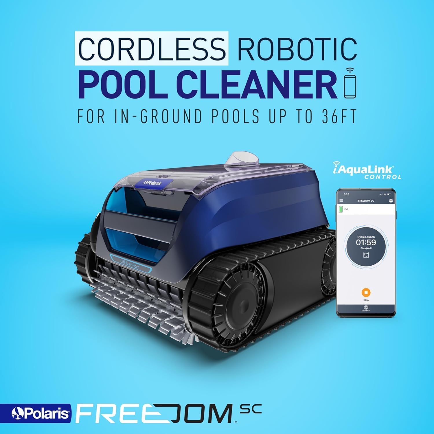 Polaris Freedom SC Cordless Robotic Pool Cleaner, WiFi Enabled, Fast Charging, Dual Modes, Cleans Floor & Walls in 2 Hrs, for In-Ground Pools up to 36ft, w/iAquaLink App & Easy Lift Removal Polaris Freedom SC Cordless Robotic Pool Cleaner, WiFi Enabled, Fast Charging, Dual Modes, Cleans Floor & Walls in 2 Hrs, for In-Ground Pools up to 36ft, w/iAquaLink App & Easy Lift Removal - Image 2