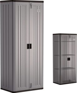 Suncast Tall Storage Cabinet for Garage Organization - 72" Freestanding Utility Closet with Shelving for Garden Supplies, Paint Cans & Outdoor Tools, Multi-Wall Resin Construction, Platinum
