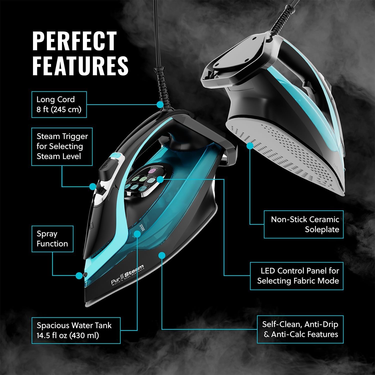 PurSteam SteamTech Elite 1750W Steam Iron, Digital Temp Control & LED Display, Ceramic Soleplate, Adjustable Steam, Self-Clean, Anti-Calc, Anti-Drip, Auto Shut-Off PurSteam SteamTech Elite 1750W Steam Iron, Digital Temp Control & LED Display, Ceramic Soleplate, Adjustable Steam, Self-Clean, Anti-Calc, Anti-Drip, Auto Shut-Off - Image 6