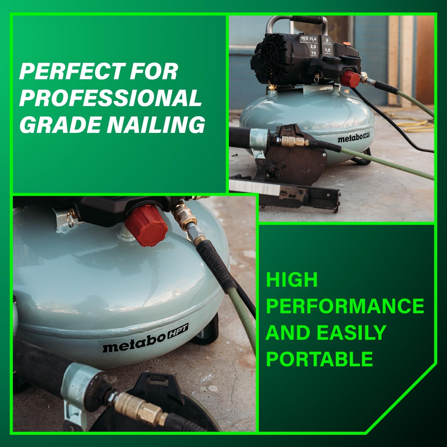 Metabo HPT Pancake Air Compressor, 6-Gallon 165PSI, Portable Air Compressor with 1.0 HP Oil-Free High Efficiency Motor, Lihghtweight, Quick Couplers for Fast Tool Changes, EC711S Metabo HPT Pancake Air Compressor, 6-Gallon 165PSI, Portable Air Compressor with 1.0 HP Oil-Free High Efficiency Motor, Lihghtweight, Quick Couplers for Fast Tool Changes, EC711S - Image 3