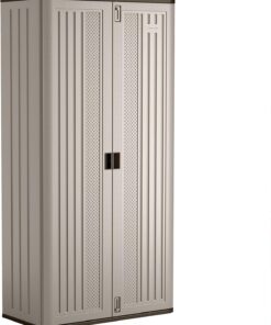 Suncast Mega Tall Storage Cabinet for Garage Organization - 31 Cu. Ft. Lockable Utility Closet with 3 Adjustable Shelves for Garden Supplies & Outdoor Tools, Multi-Wall Resin Construction, Platinum