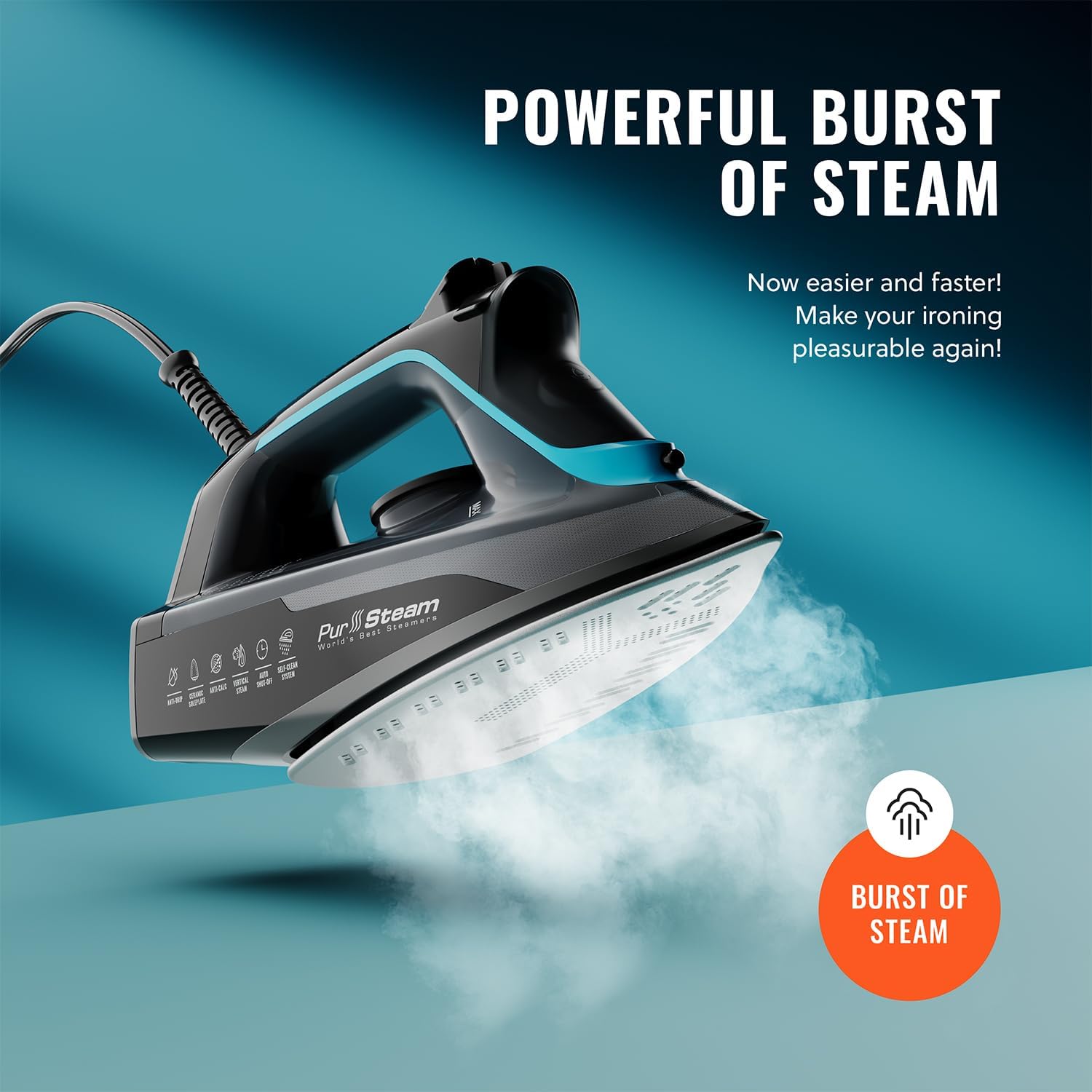 Pursteam SteamBurst+ 1750W Steam Iron, Ceramic Soleplate, Adjustable Steam, Burst of Steam, Self-Clean, Anti-Calc, Anti-Drip, Powerful & Long-Lasting Steam for All Fabrics Pursteam SteamBurst+ 1750W Steam Iron, Ceramic Soleplate, Adjustable Steam, Burst of Steam, Self-Clean, Anti-Calc, Anti-Drip, Powerful & Long-Lasting Steam for All Fabrics - Image 4