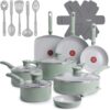 T-Fal Refresh Ceramic Nonstick Pots and Pans Set, 20-Piece, Mint Green | Recycled aluminum body, Thermo-Spot heat indicator, Oven safe to 350°F, No induction, Vented glass lids included