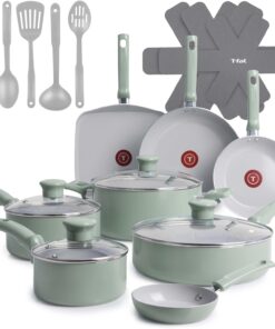 T-Fal Refresh Ceramic Nonstick Pots and Pans Set, 20-Piece, Mint Green | Recycled aluminum body, Thermo-Spot heat indicator, Oven safe to 350°F, No induction, Vented glass lids included