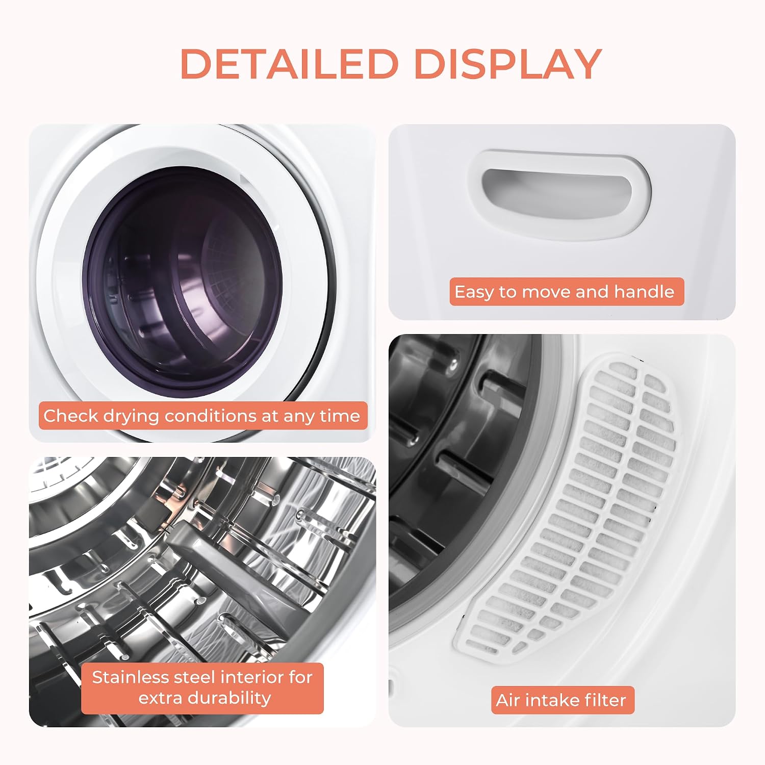 Euhomy 2.65 Cu.Ft Portable Dryer with Exhaust Hose, Clothes Dryer with Four Functions, 1400w Dryer Machine with Stainless Steel Drum, Suitable for Apartments, RVs, Gym Euhomy 2.65 Cu.Ft Portable Dryer with Exhaust Hose, Clothes Dryer with Four Functions, 1400w Dryer Machine with Stainless Steel Drum, Suitable for Apartments, RVs, Gym - Image 4