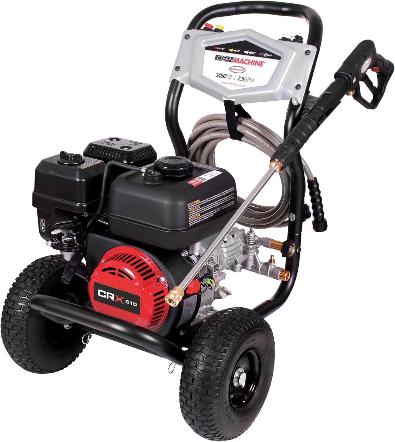Simpson 3400 PSI Gas Pressure Washer, 2.5 GPM Residential Power Washer, Cold Water, 25' Hose, Clean Machine, 49-State Compliant (CM61083) Simpson 3400 PSI Gas Pressure Washer, 2.5 GPM Residential Power Washer, Cold Water, 25' Hose, Clean Machine, 49-State Compliant (CM61083)
