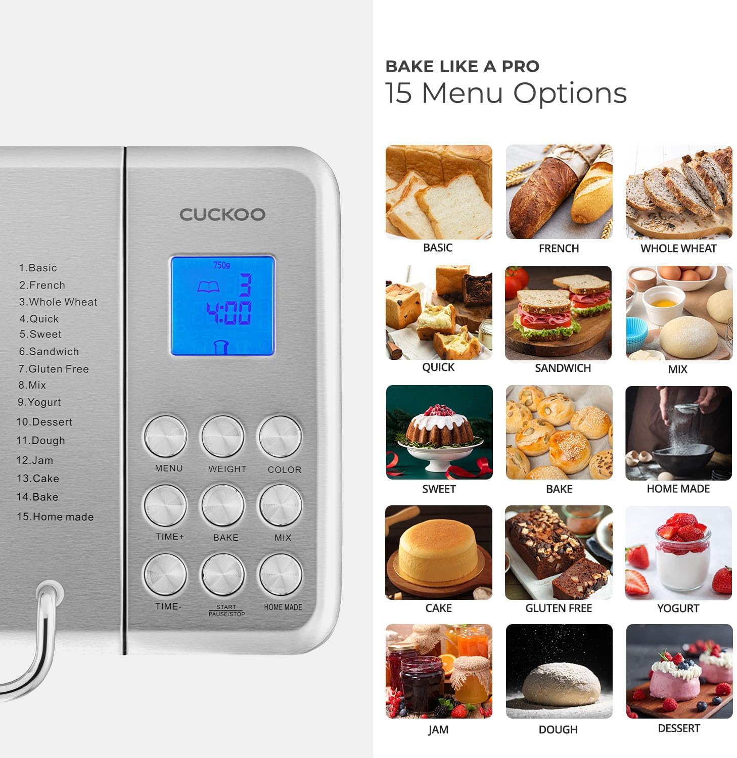 CUCKOO 2 lb. Bread Maker Machine with Auto Dispenser, CBM-AAB101S | 15 Menu Options, 3 Crust Colors, Fruit and Nut Dispensing, 6 Accessories, Sourdough Baking CUCKOO 2 lb. Bread Maker Machine with Auto Dispenser, CBM-AAB101S | 15 Menu Options, 3 Crust Colors, Fruit and Nut Dispensing, 6 Accessories, Sourdough Baking - Image 4