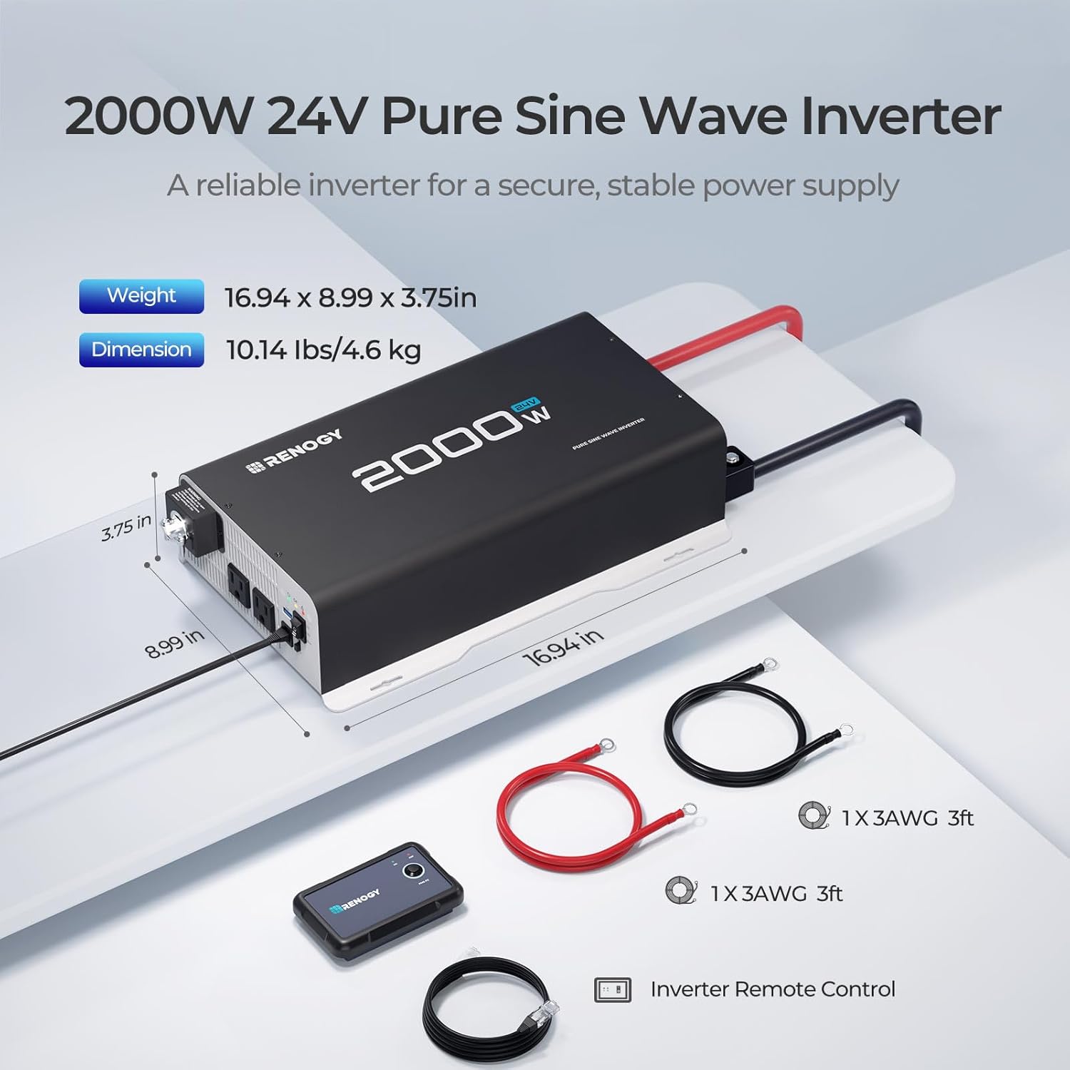 Renogy 2000W 24V Pure Sine Wave Inverter, 4000W Peak Power, 92% Energy Efficiency, with 2 AC Outputs, Remote Control, RV Truck Marine Camping Renogy 2000W 24V Pure Sine Wave Inverter, 4000W Peak Power, 92% Energy Efficiency, with 2 AC Outputs, Remote Control, RV Truck Marine Camping - Image 8