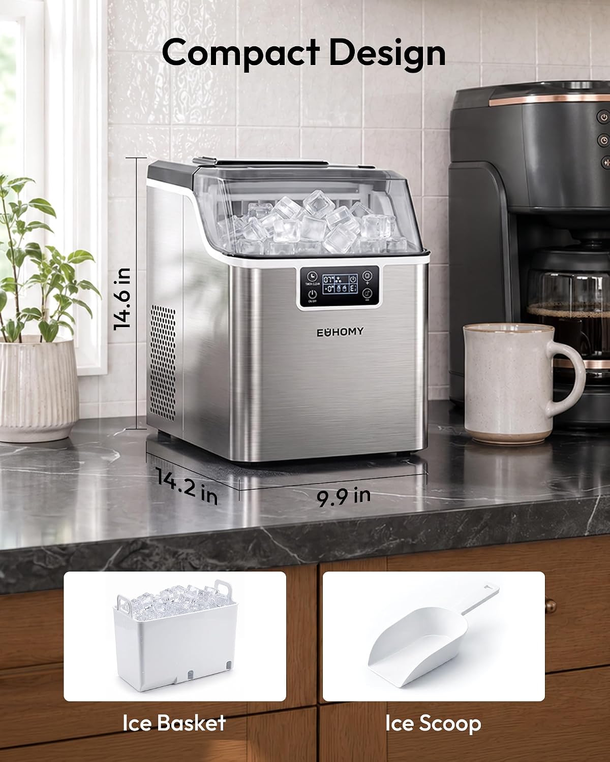 EUHOMY Ice Cube Maker Machine Countertop, 2 Ways to Add Water, 45Lbs/Day 24 Pcs Ready in 13 Mins, Auto-Cleaning Portable Compact, with Ice Scoop & Basket, Perfect for Home/Kitchen/Office/Bar (Silver) EUHOMY Ice Cube Maker Machine Countertop, 2 Ways to Add Water, 45Lbs/Day 24 Pcs Ready in 13 Mins, Auto-Cleaning Portable Compact, with Ice Scoop & Basket, Perfect for Home/Kitchen/Office/Bar (Silver) - Image 9