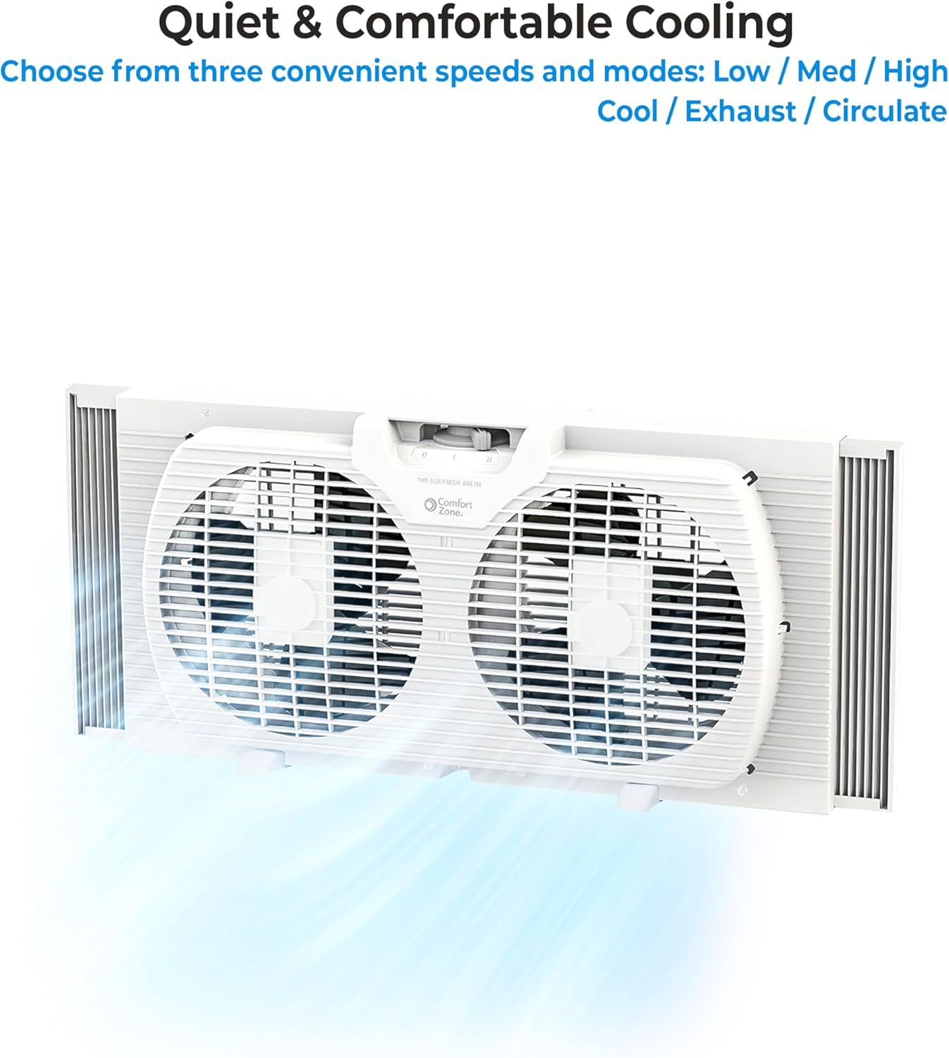 Comfort Zone Twin Window Fan with Reversible Airflow Control, 9 inch, Auto-Locking Expanders, 2 Speed Fan, Dual Fan, Exhaust, Airflow 9.84 ft/sec, Ideal for Home, Kitchen, Bedroom & Office, CZ319WT Comfort Zone Twin Window Fan with Reversible Airflow Control, 9 inch, Auto-Locking Expanders, 2 Speed Fan, Dual Fan, Exhaust, Airflow 9.84 ft/sec, Ideal for Home, Kitchen, Bedroom & Office, CZ319WT - Image 8