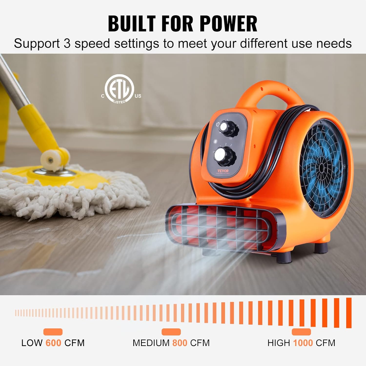 VEVOR Air Mover, 1/4 HP 1000 CFM Carpet Dryer for Cooling and Ventilating, Portable Floor Blower Fan with 4 Blowing Angles and Time Function, for Janitorial, Home, Commercial Use VEVOR Air Mover, 1/4 HP 1000 CFM Carpet Dryer for Cooling and Ventilating, Portable Floor Blower Fan with 4 Blowing Angles and Time Function, for Janitorial, Home, Commercial Use - Image 3