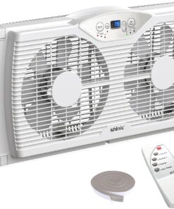 shinic Twin Window Fan with Reversible Airflow, Window Fan with Thermostat and LED Display, 3 Speeds, Remote Control and Foam Sealing Tape Offered, 23.8" - 37" Expandable Width for Home Kitchen Use