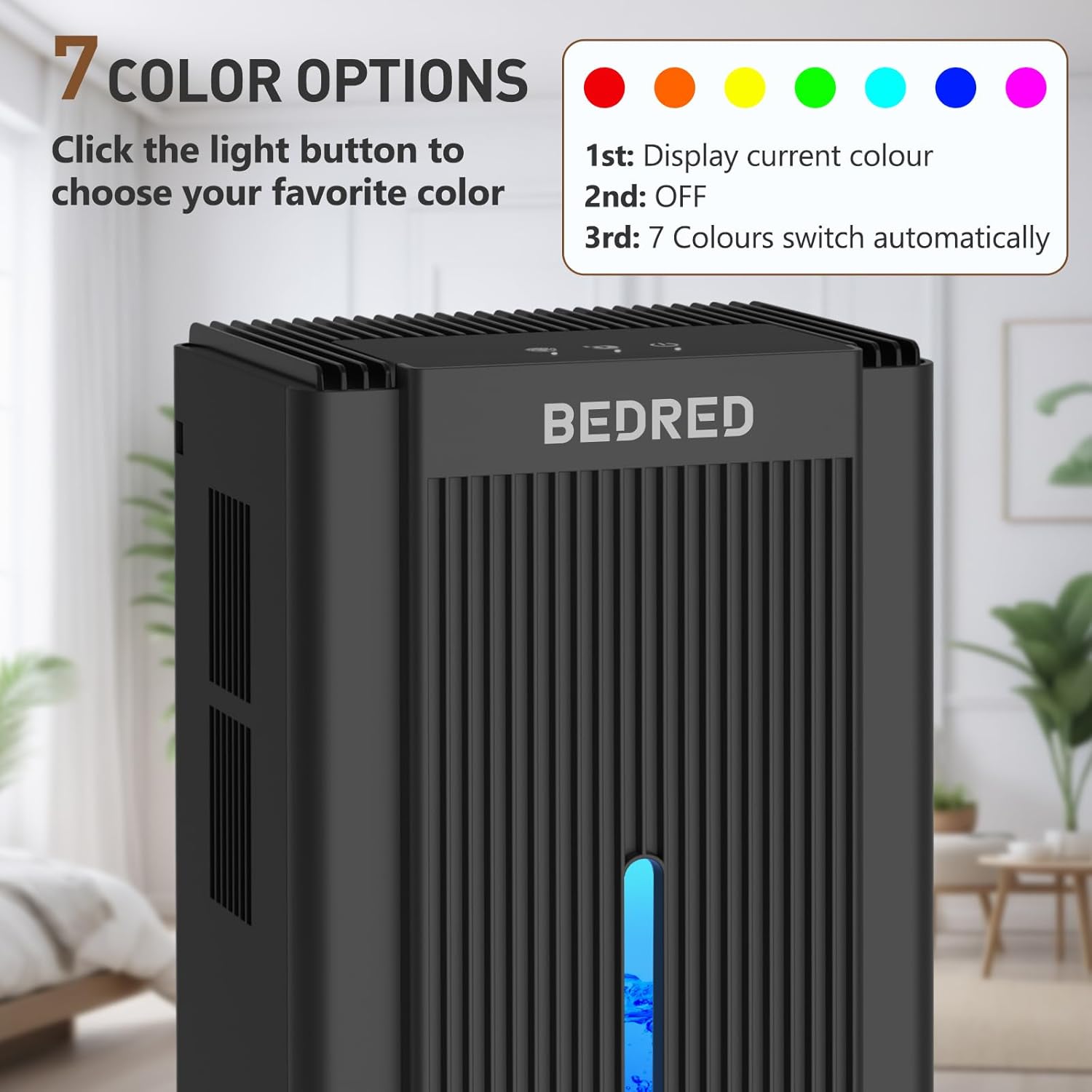 BEDRED Dehumidifier, 95OZ Dehumidifier for Home 1000 sq ft - Quiet with Auto Shut Off & Relaxing 7 Color Ambient Light, Ideal for Livingroom, Bedroom, Basement (Black) BEDRED Dehumidifier, 95OZ Dehumidifier for Home 1000 sq ft - Quiet with Auto Shut Off & Relaxing 7 Color Ambient Light, Ideal for Livingroom, Bedroom, Basement (Black) - Image 5